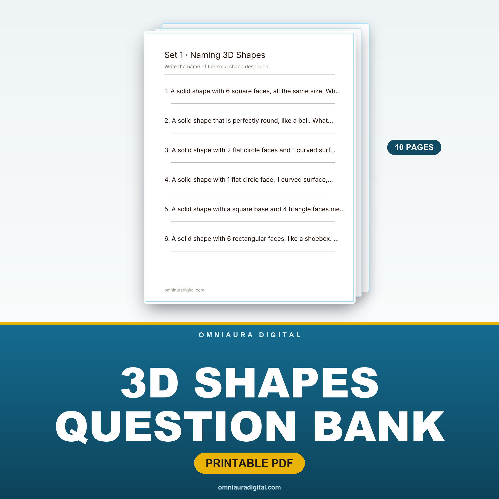 3D Shapes Question Bank — 60 Practice Questions (Grades 2-5)