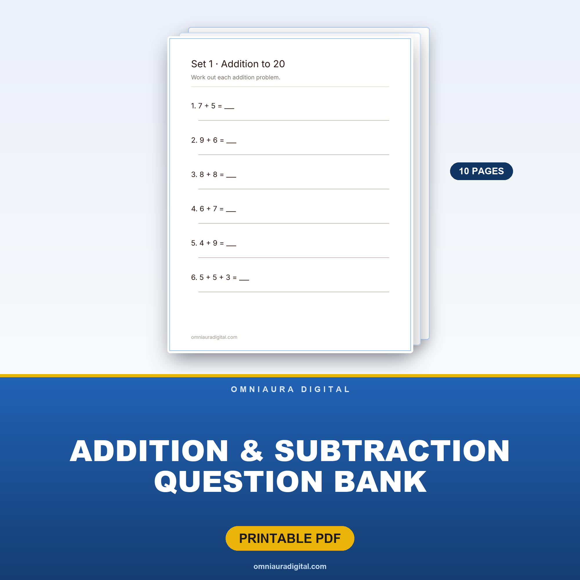 Addition & Subtraction Question Bank — 60 Questions (Grades 1-3)