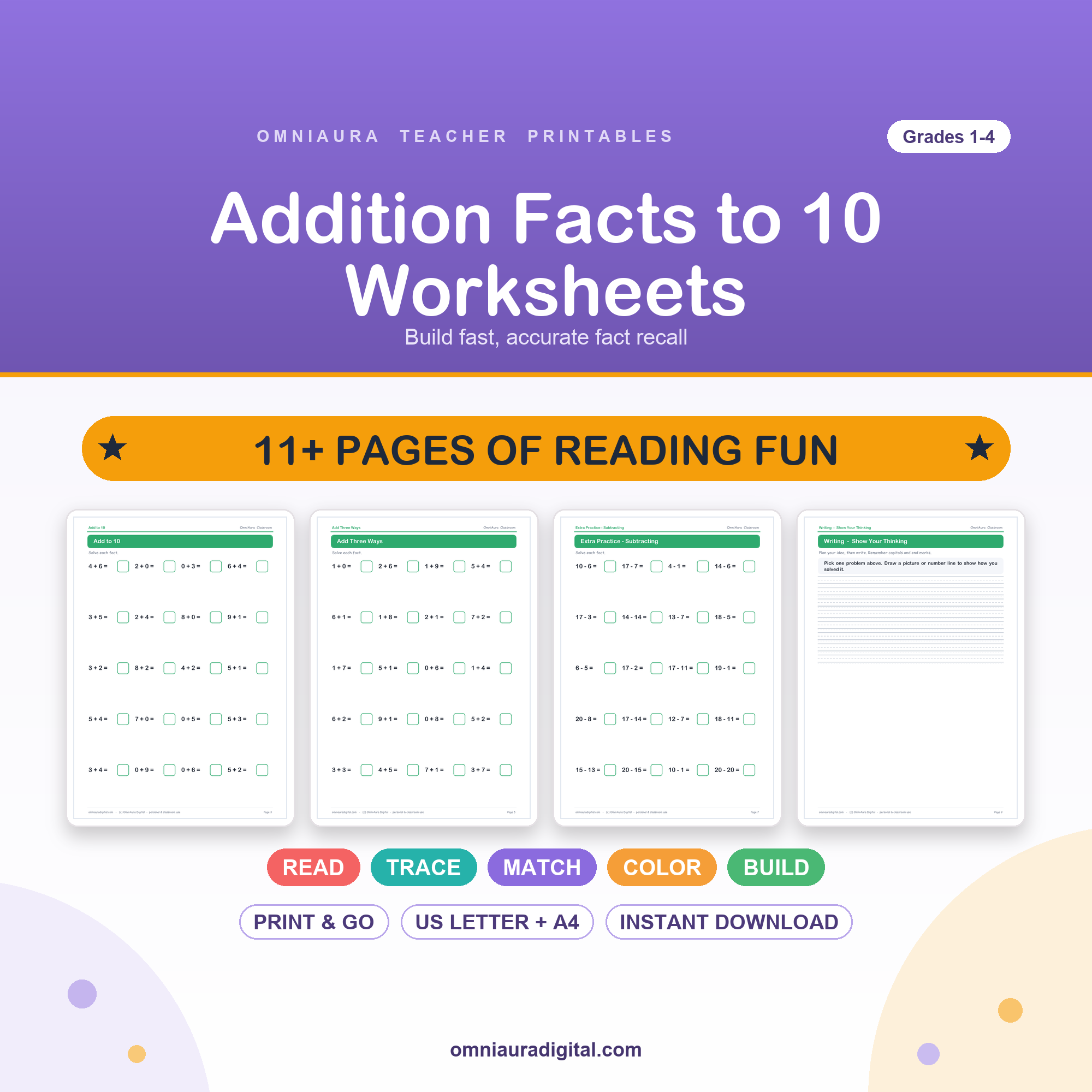 Addition Facts to 10 Worksheets