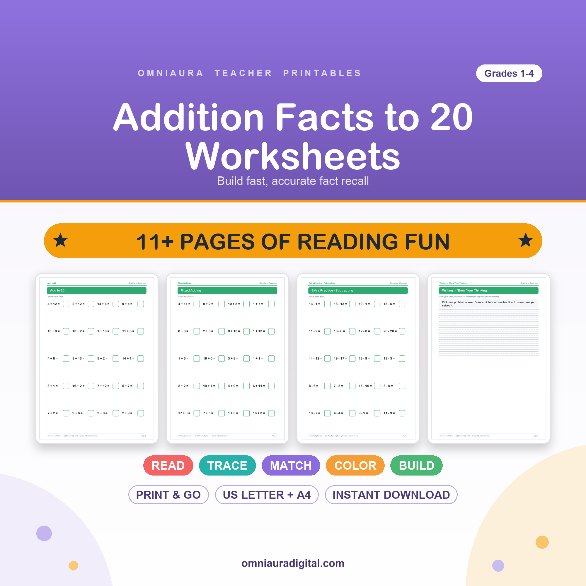 Addition Facts to 20 Worksheets