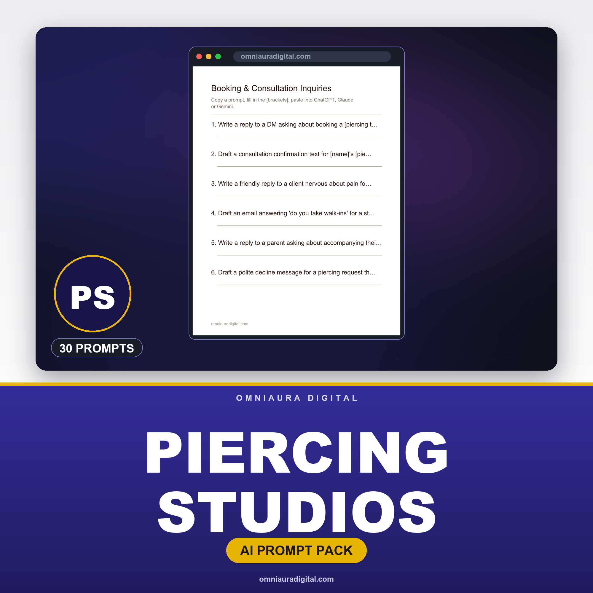 AI Prompt Pack for Piercing Studios — ChatGPT, Claude & Gemini