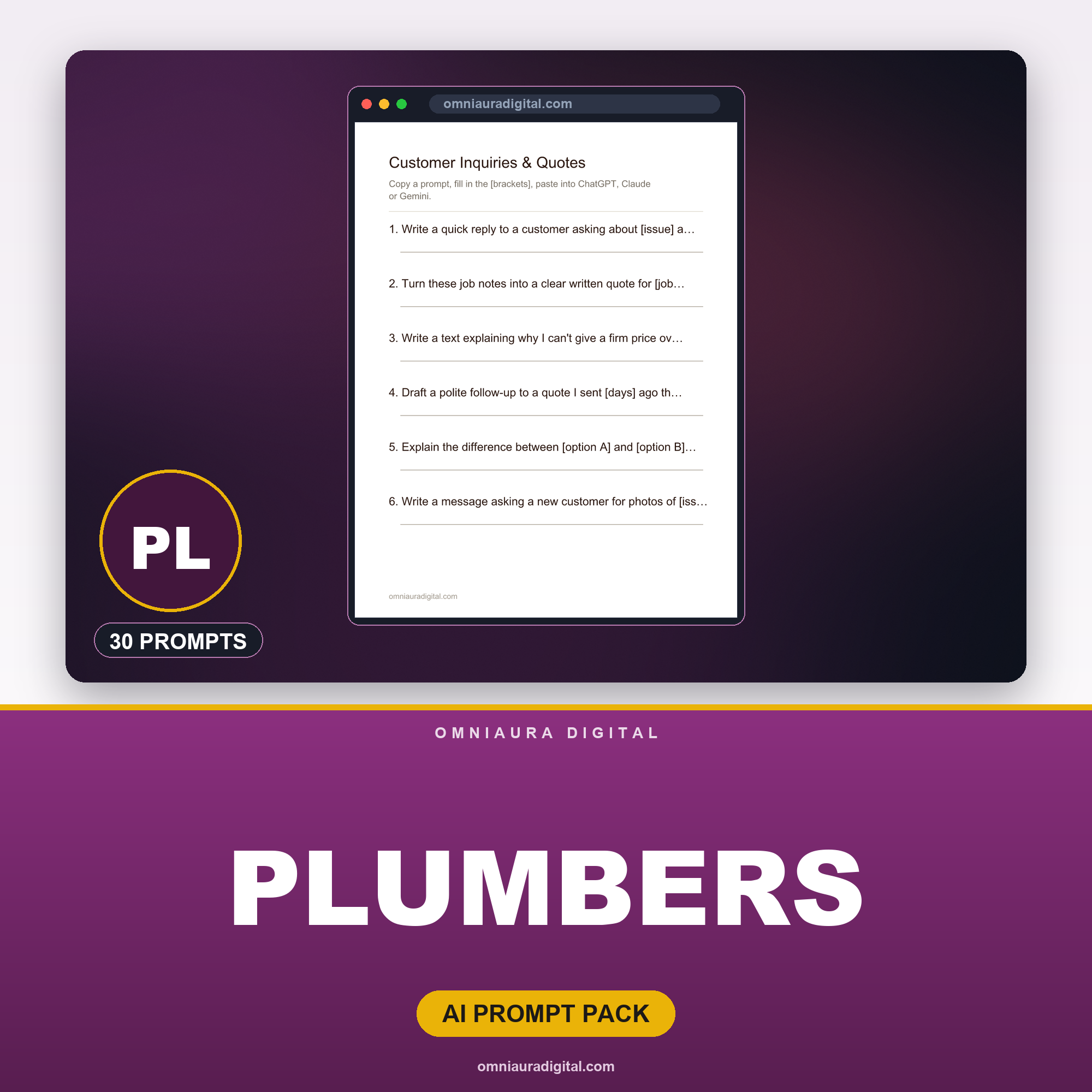 AI Prompt Pack for Plumbers — ChatGPT, Claude & Gemini