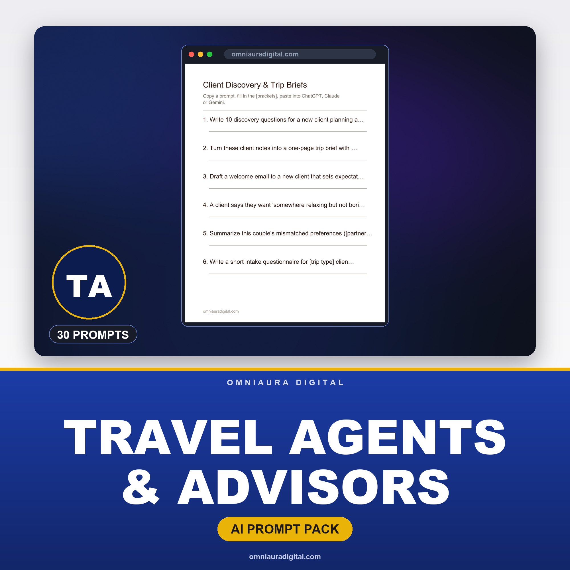 AI Prompt Pack for Travel Agents & Advisors — ChatGPT, Claude & Gemini