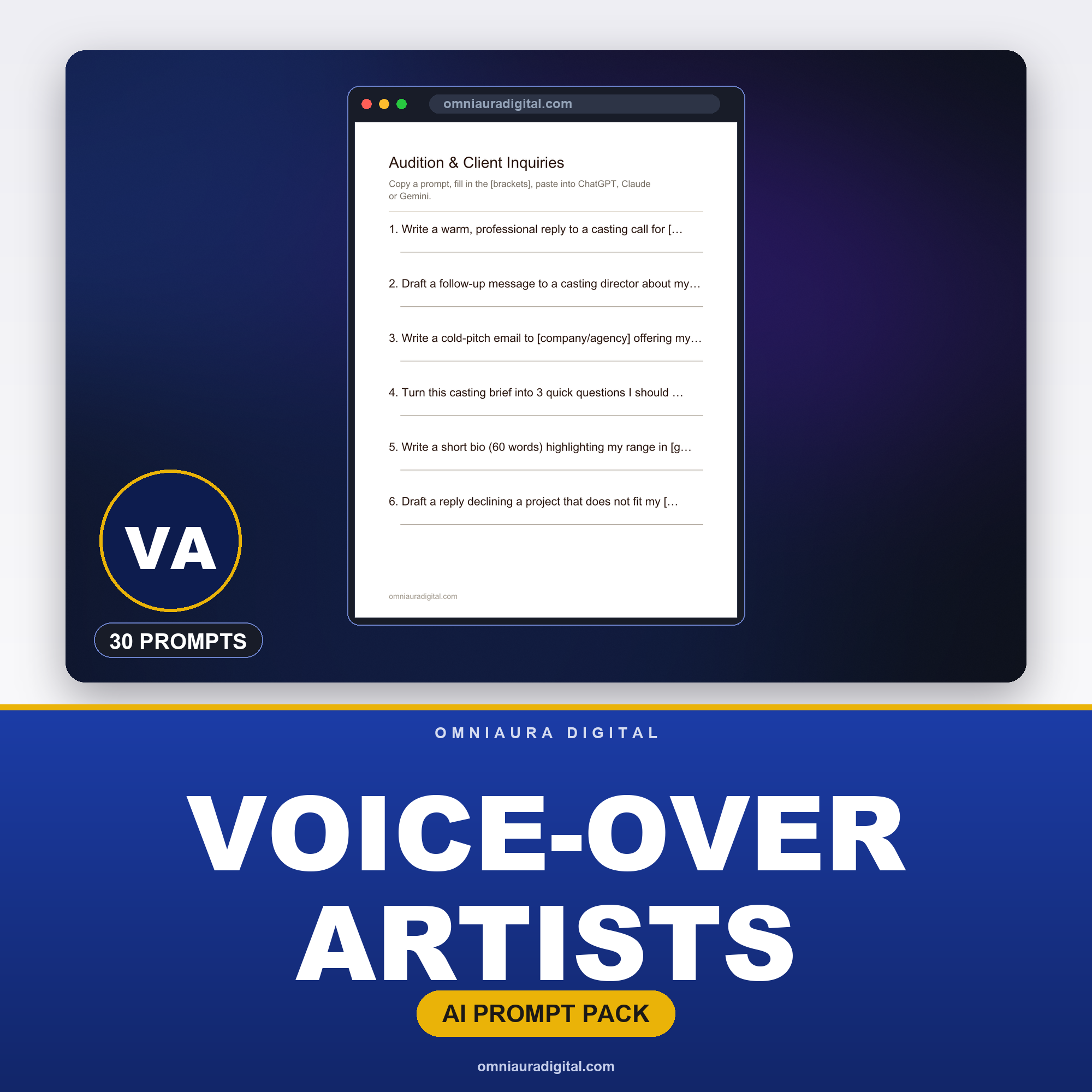 AI Prompt Pack for Voice-Over Artists — ChatGPT, Claude & Gemini