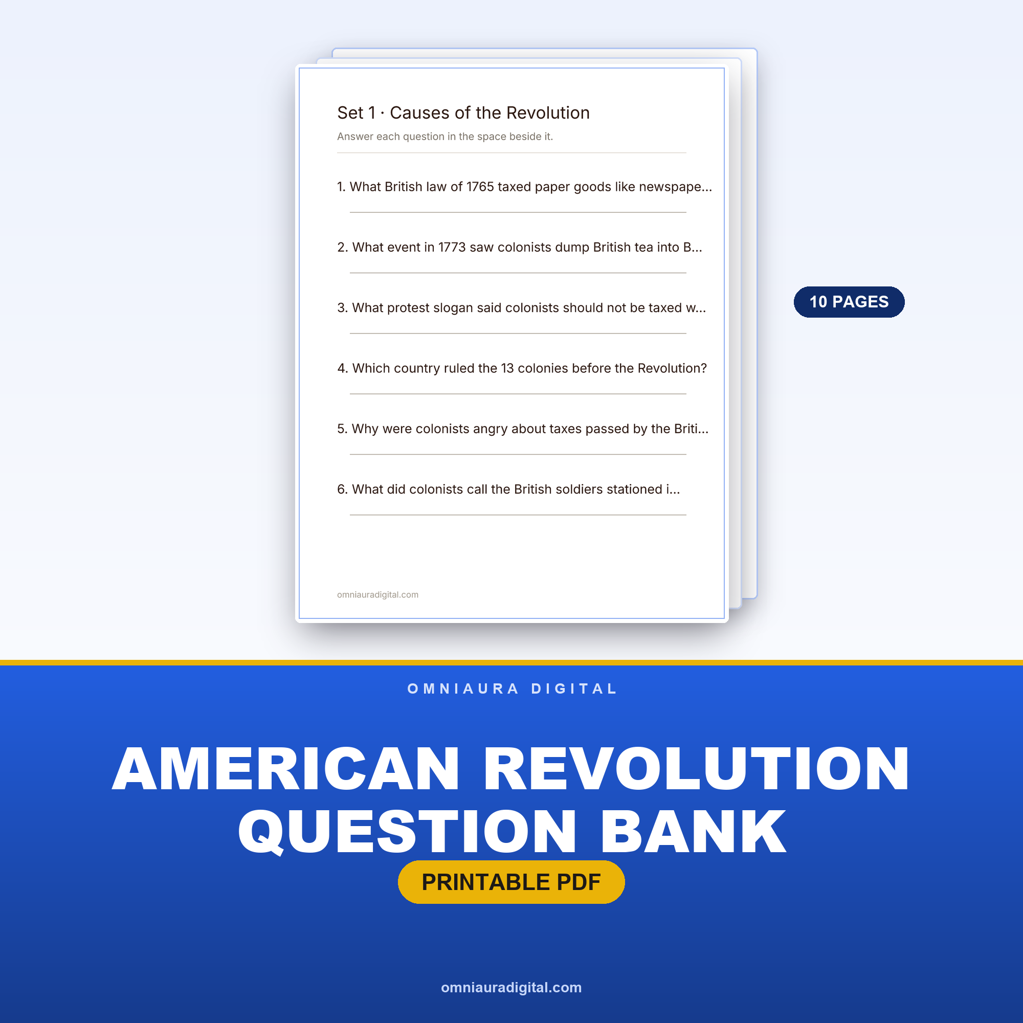 American Revolution Question Bank — 60 Practice Questions (Grades 4-7)