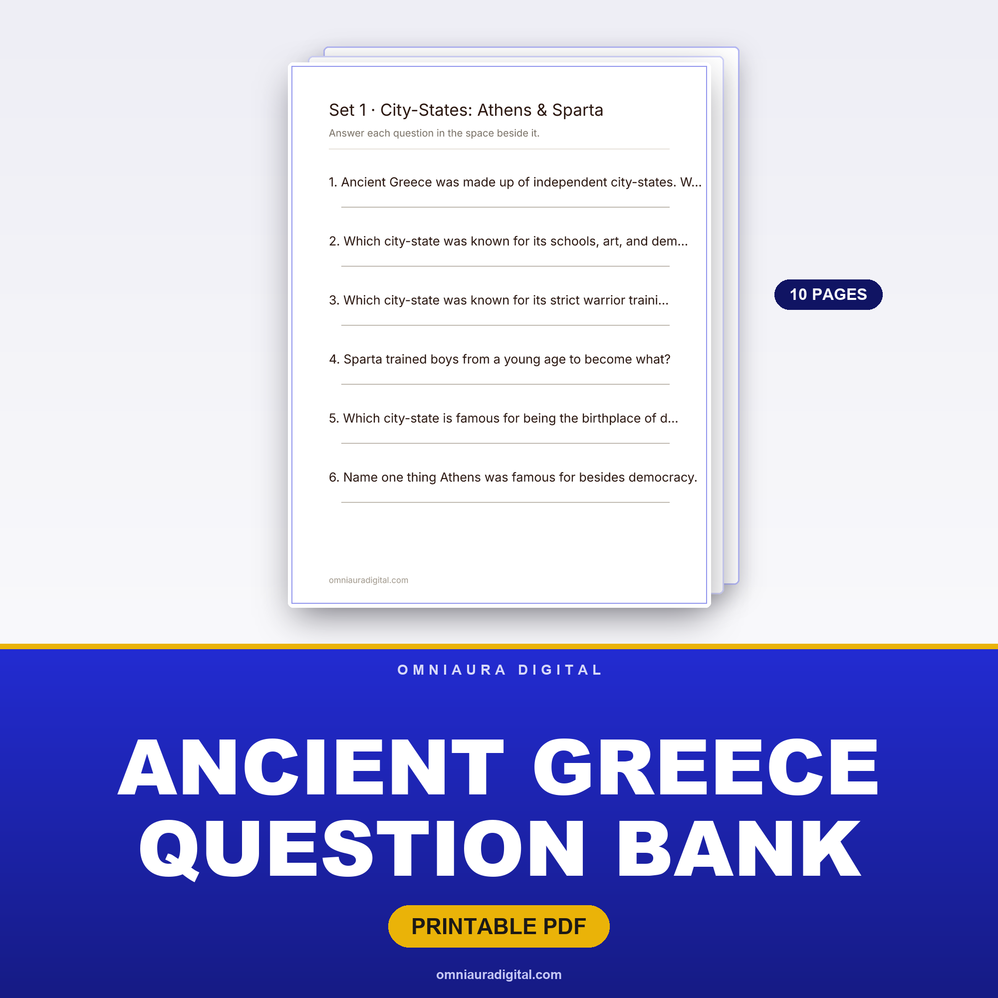 Ancient Greece Question Bank — 60 Practice Questions (Grades 4-7)