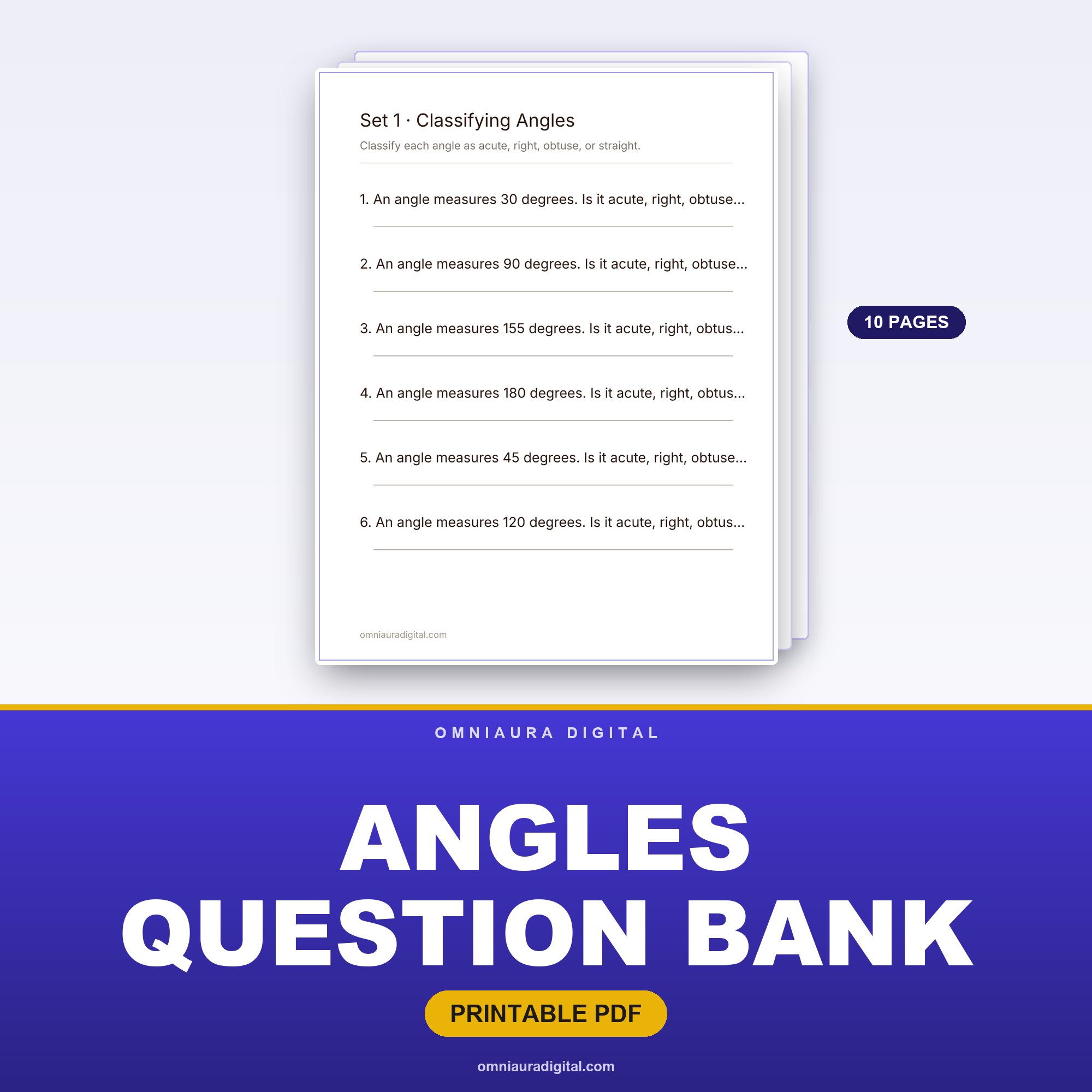 Angles Question Bank — 60 Practice Questions (Grades 4-6)