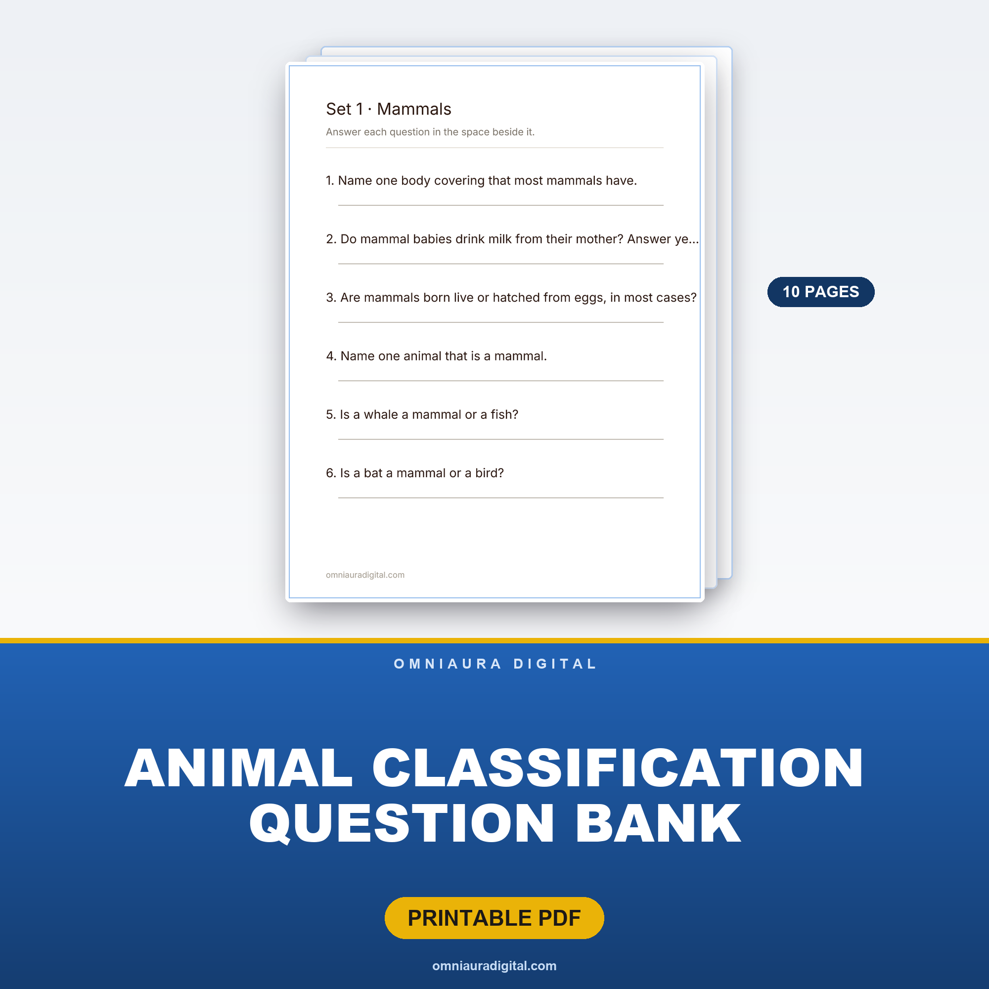 Animal Classification Question Bank — 60 Practice Questions (Grades 2-5)