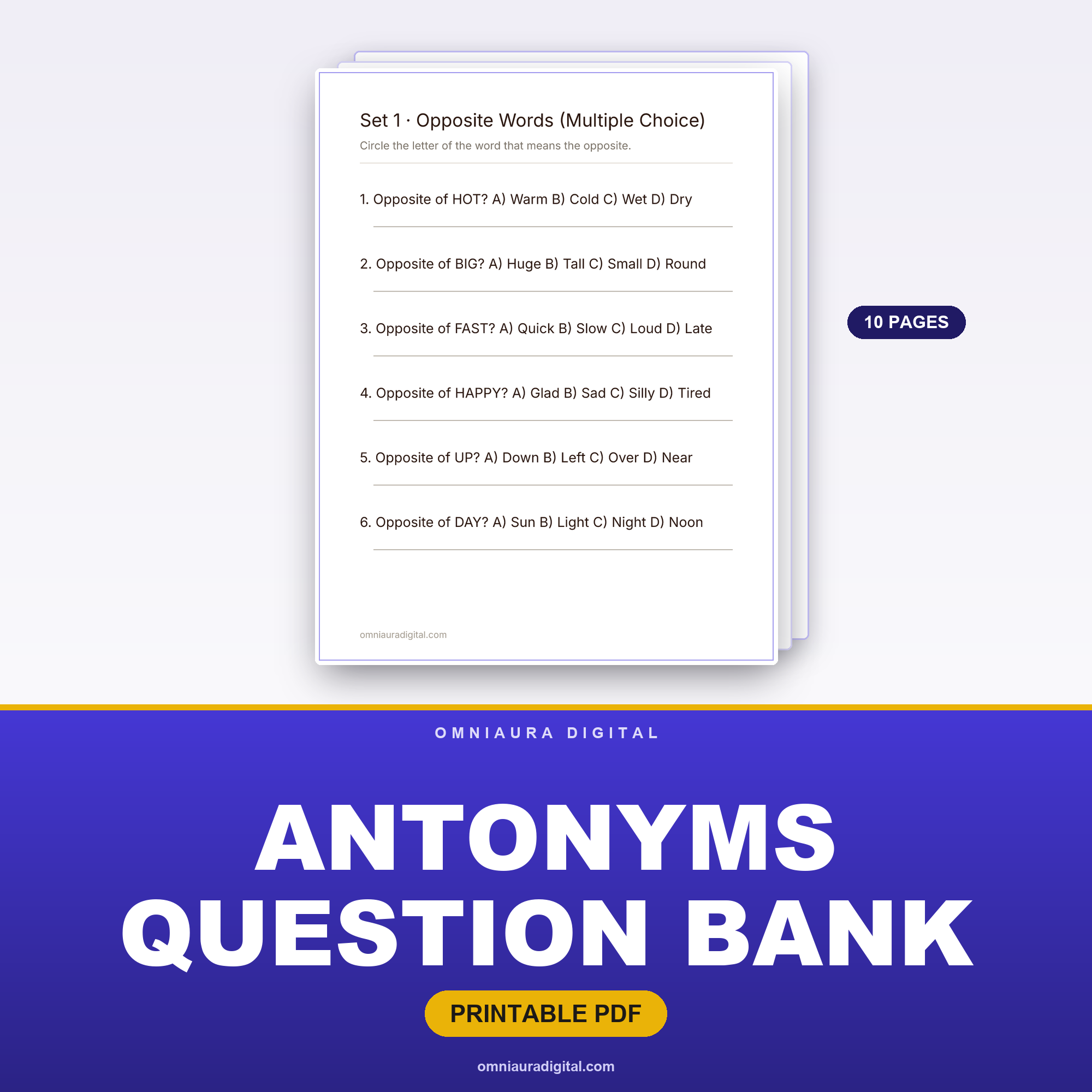 Antonyms Question Bank — 60 Practice Questions (Grades 2-5)