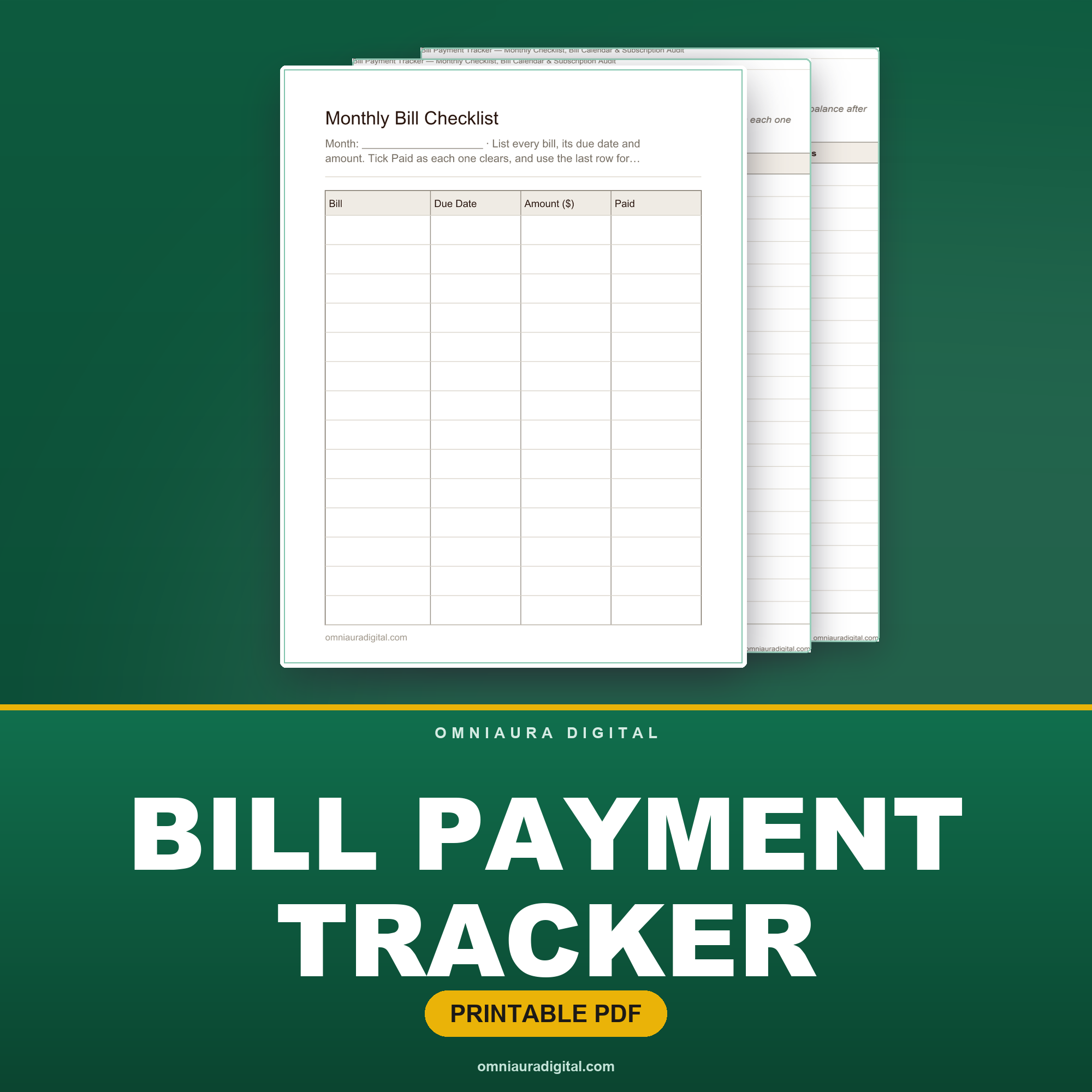 Bill Payment Tracker — Monthly Checklist, Bill Calendar & Subscription Audit