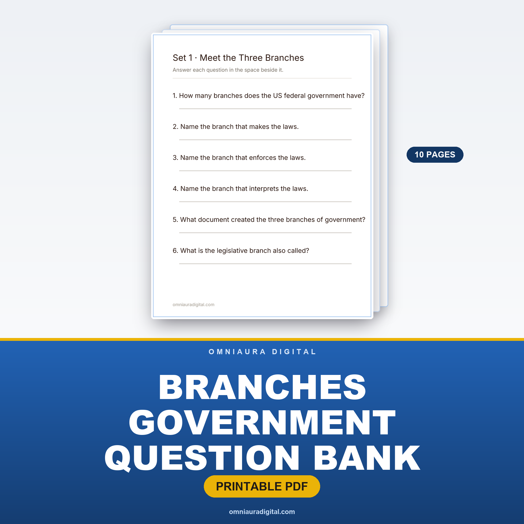 Branches of Government Question Bank — 60 Practice Questions (Grades 3-6)