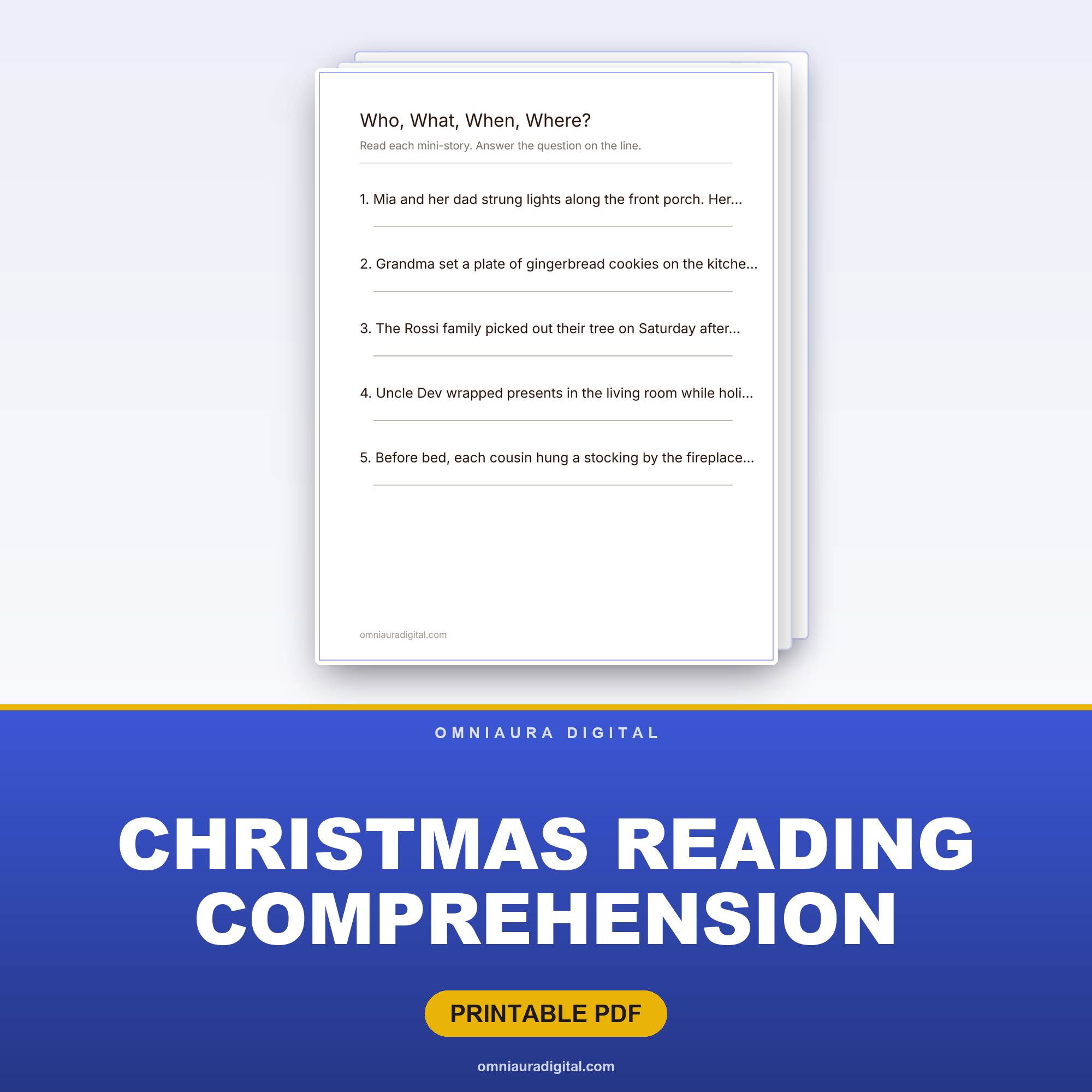 Christmas Reading Comprehension — 20 Mini-Stories (Grades 1-3)