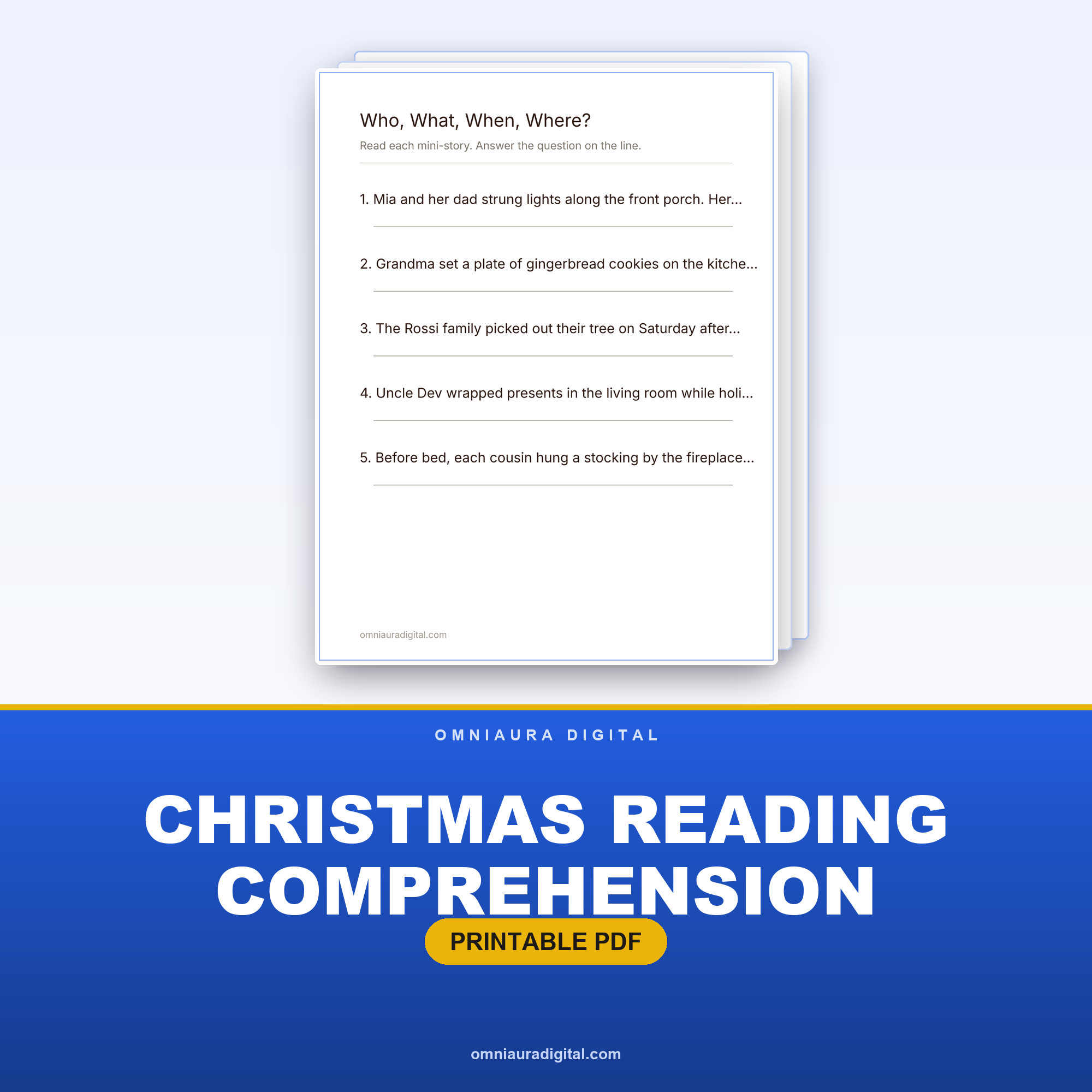 Christmas Reading Comprehension — 20 Mini-Stories (Grades 1-3)
