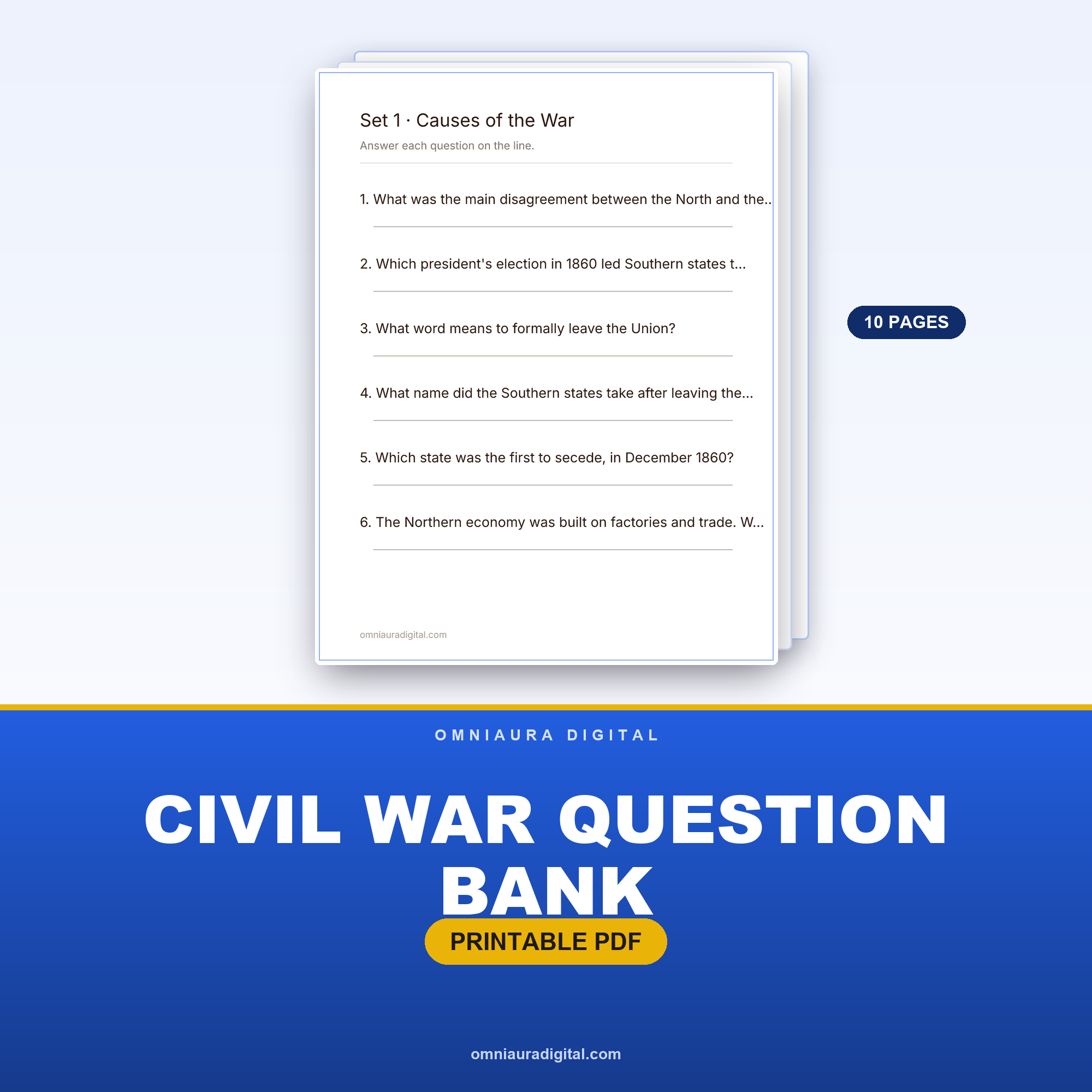 Civil War Question Bank — 60 Practice Questions (Grades 4-7)