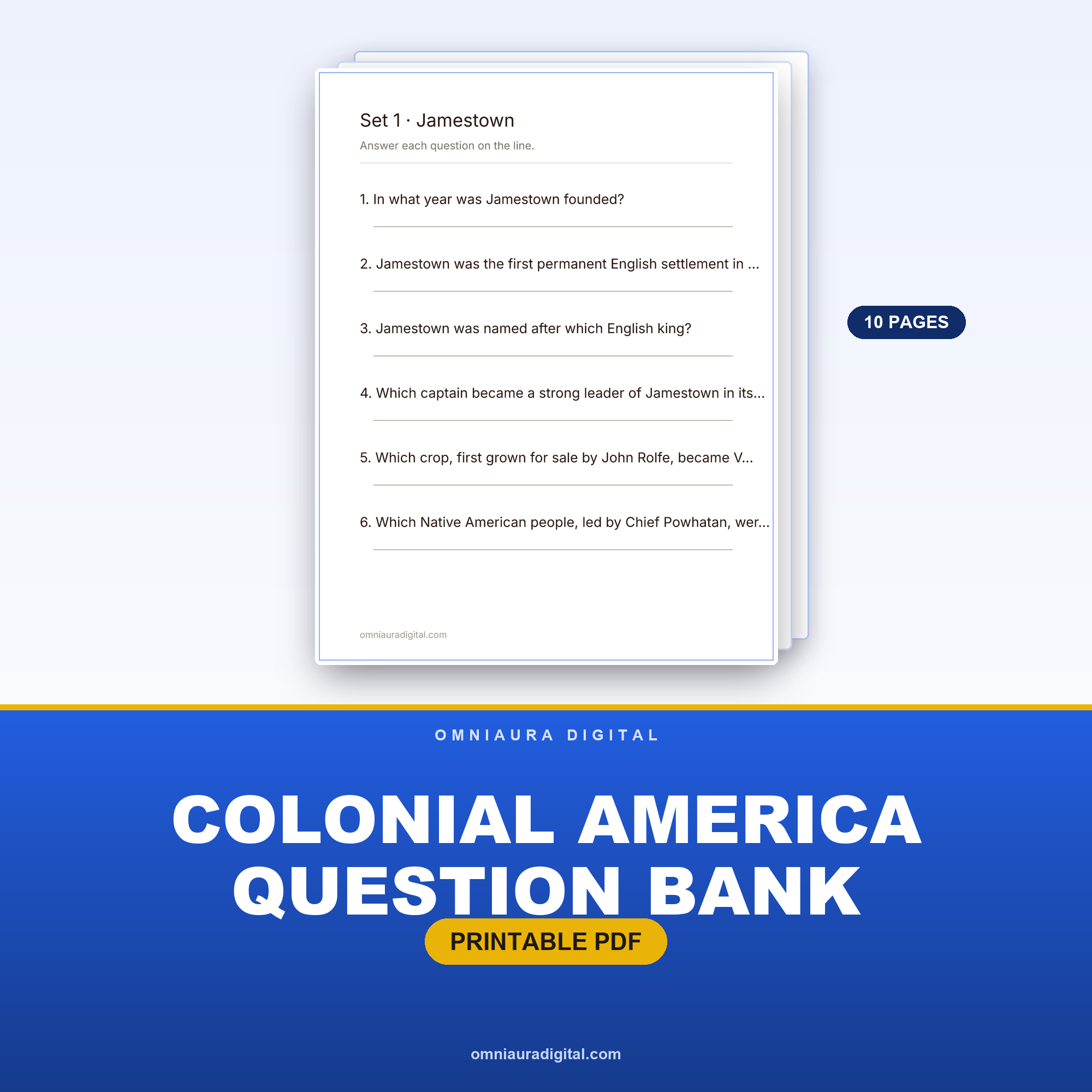 Colonial America Question Bank — 60 Practice Questions (Grades 3-6)