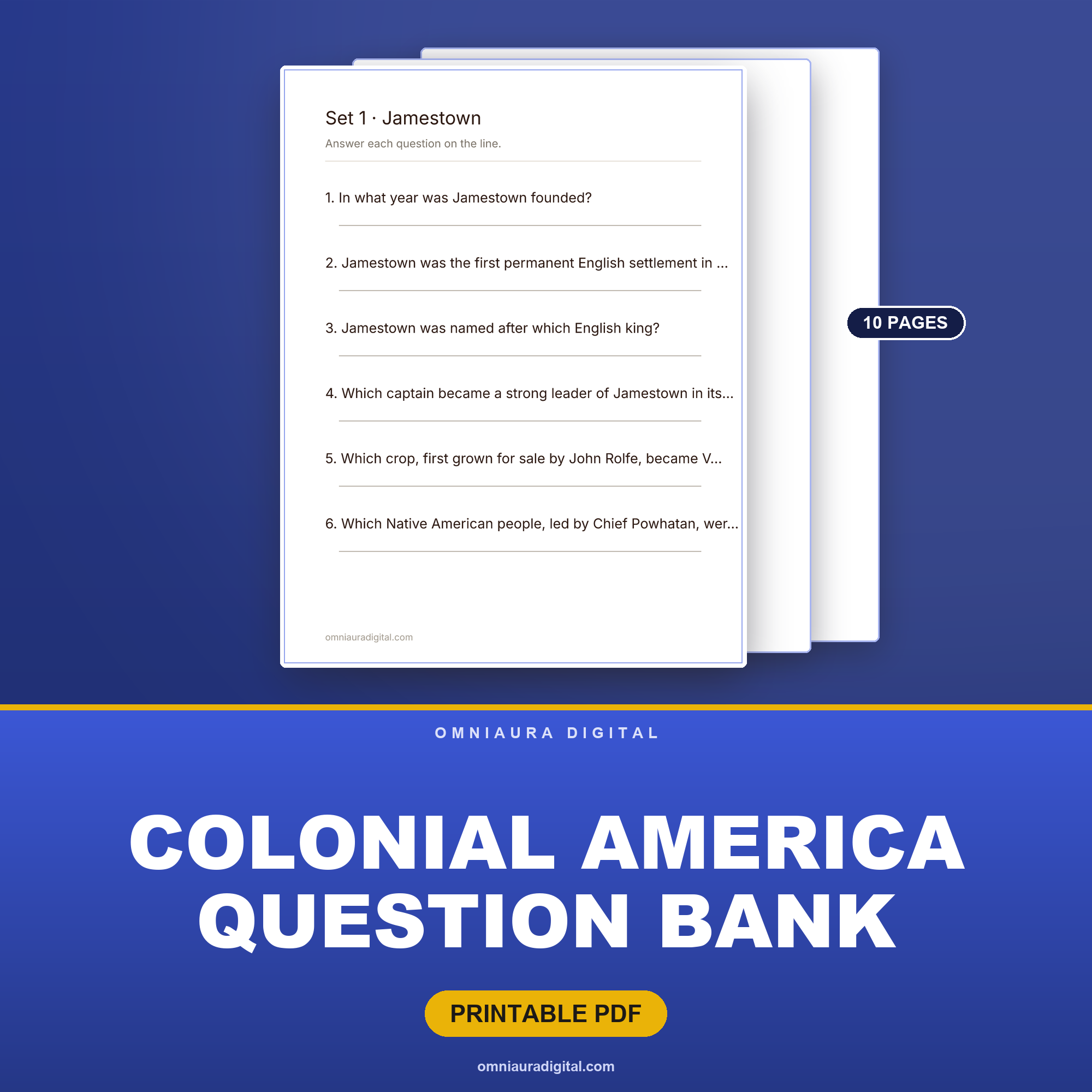 Colonial America Question Bank — 60 Practice Questions (Grades 3-6)