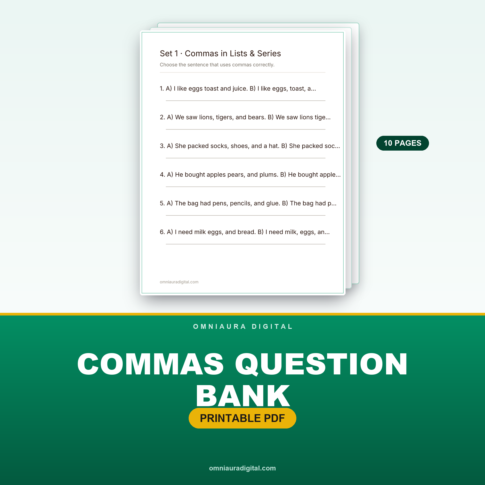 Commas Question Bank — 60 Practice Questions (Grades 3-5)