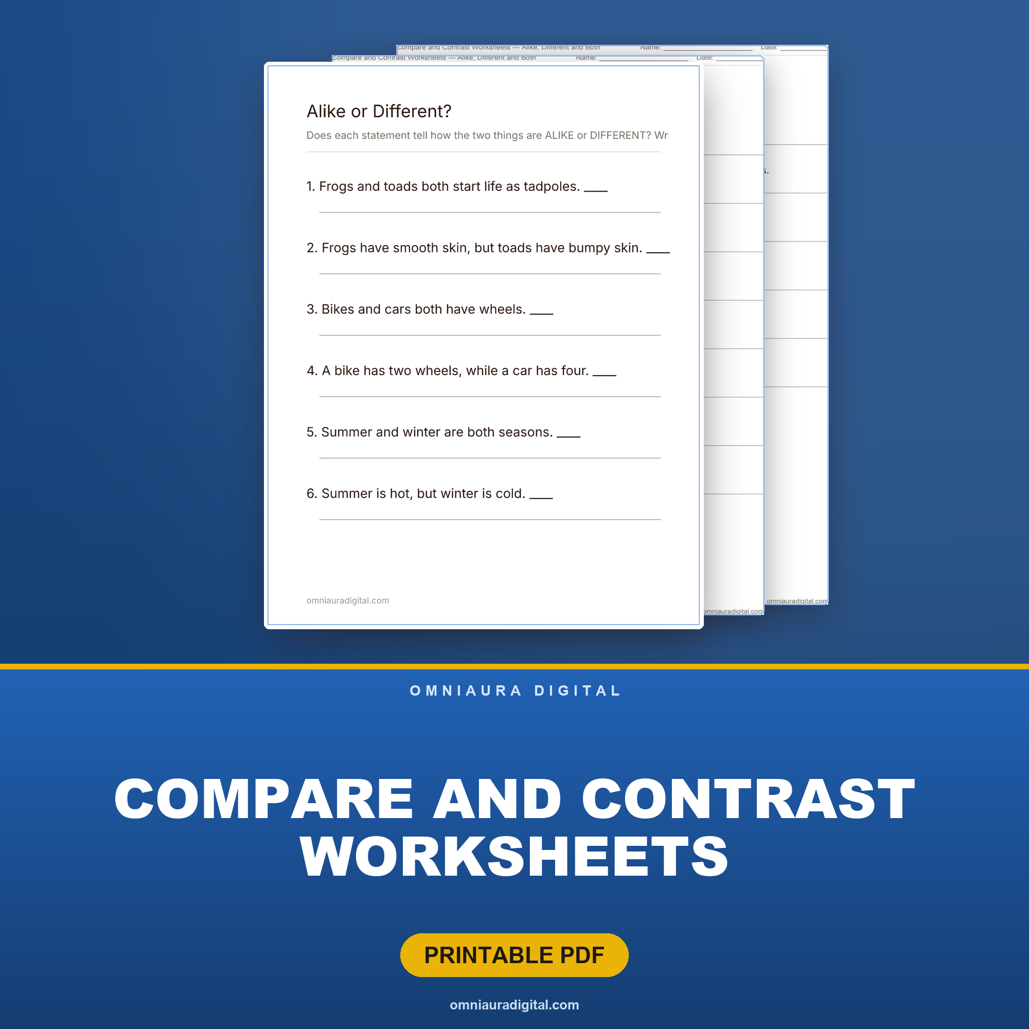 Compare and Contrast Worksheets — Alike, Different and Both