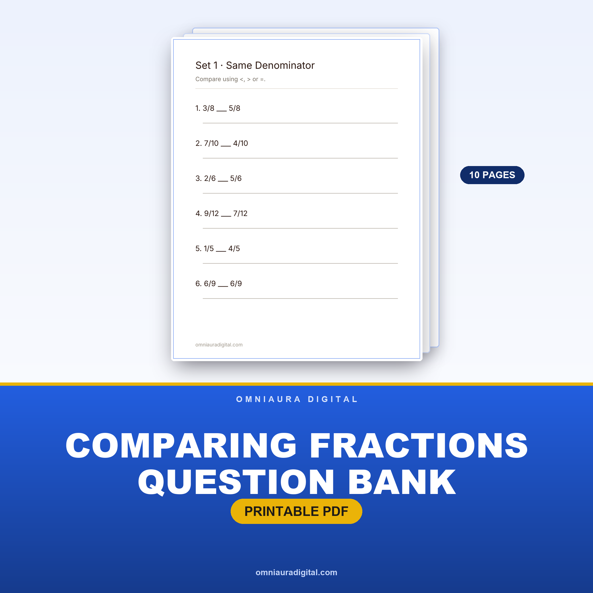 Comparing Fractions Question Bank — 60 Practice Questions (Grades 3-5)
