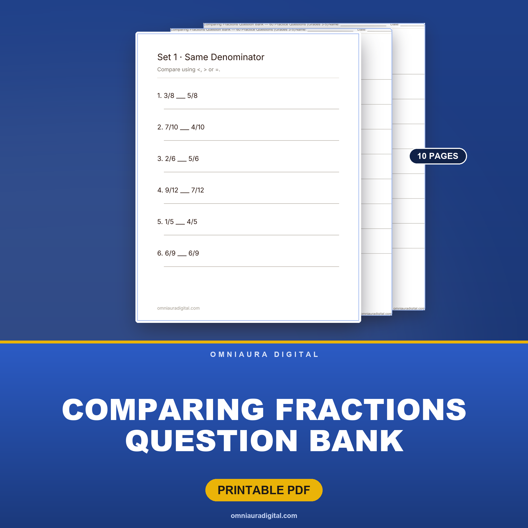Comparing Fractions Question Bank — 60 Practice Questions (Grades 3-5)