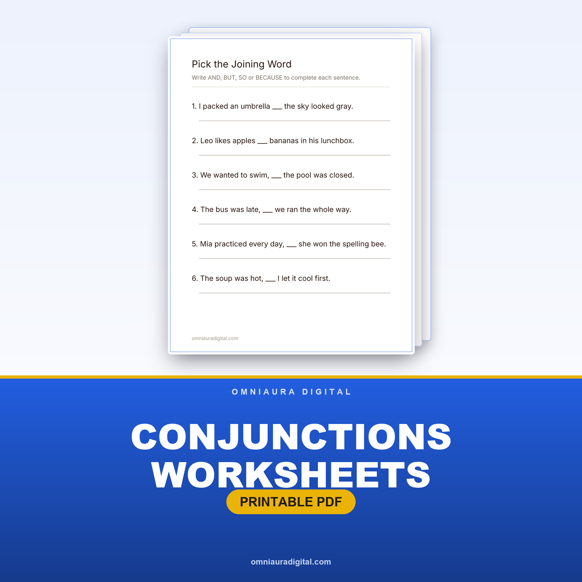 Conjunctions Worksheets — And, But, So, Because (Grades 2-3)