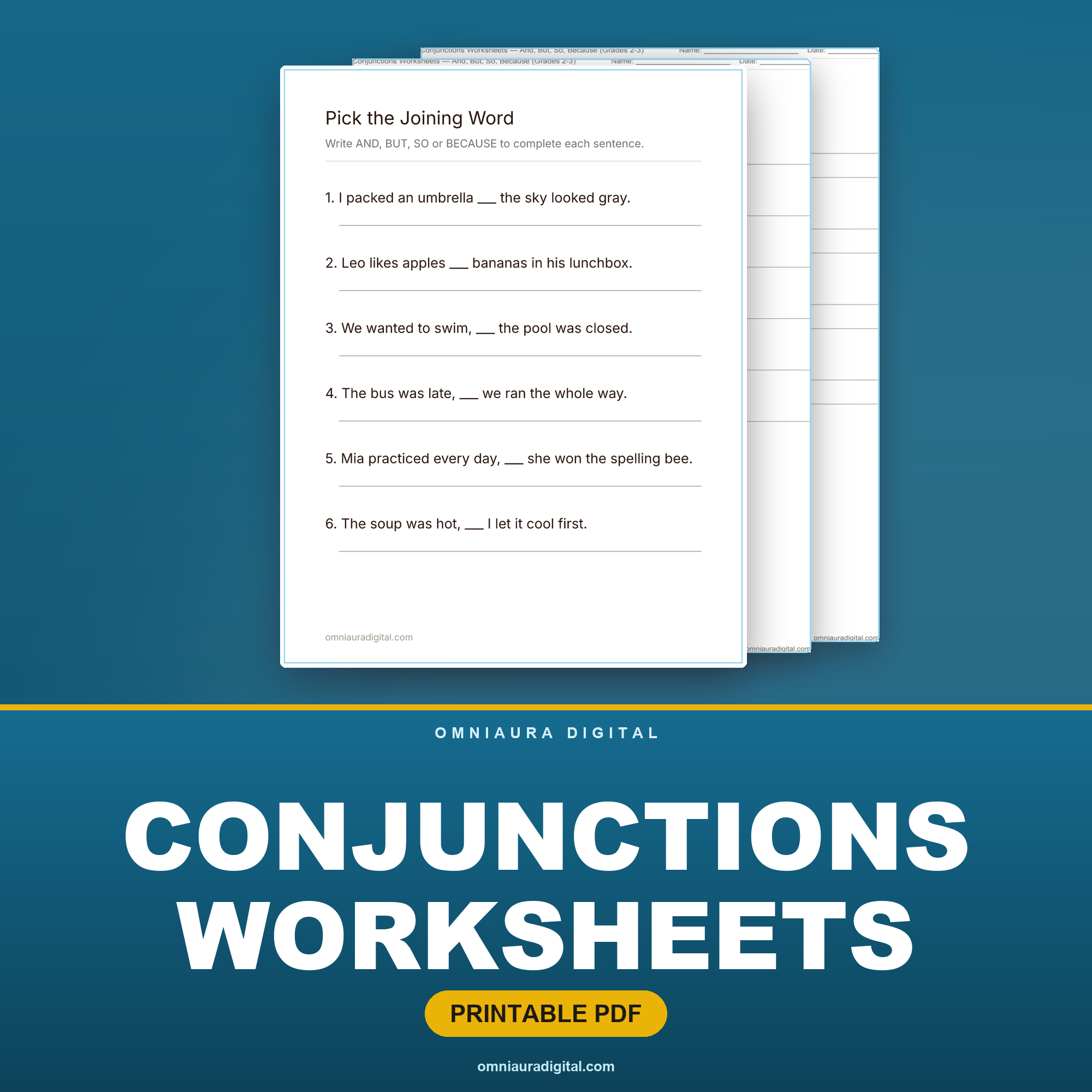 Conjunctions Worksheets — And, But, So, Because (Grades 2-3)