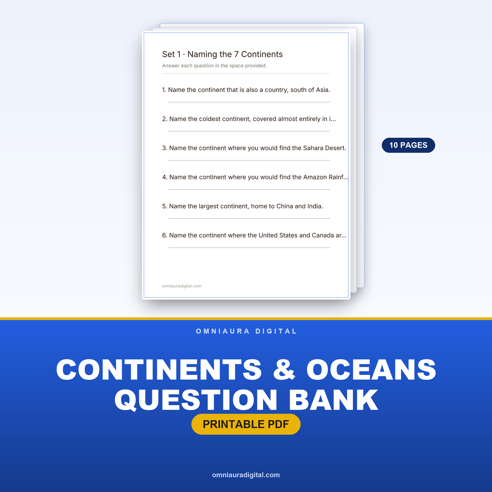 Continents & Oceans Question Bank — 60 Practice Questions (Grades 2-5)