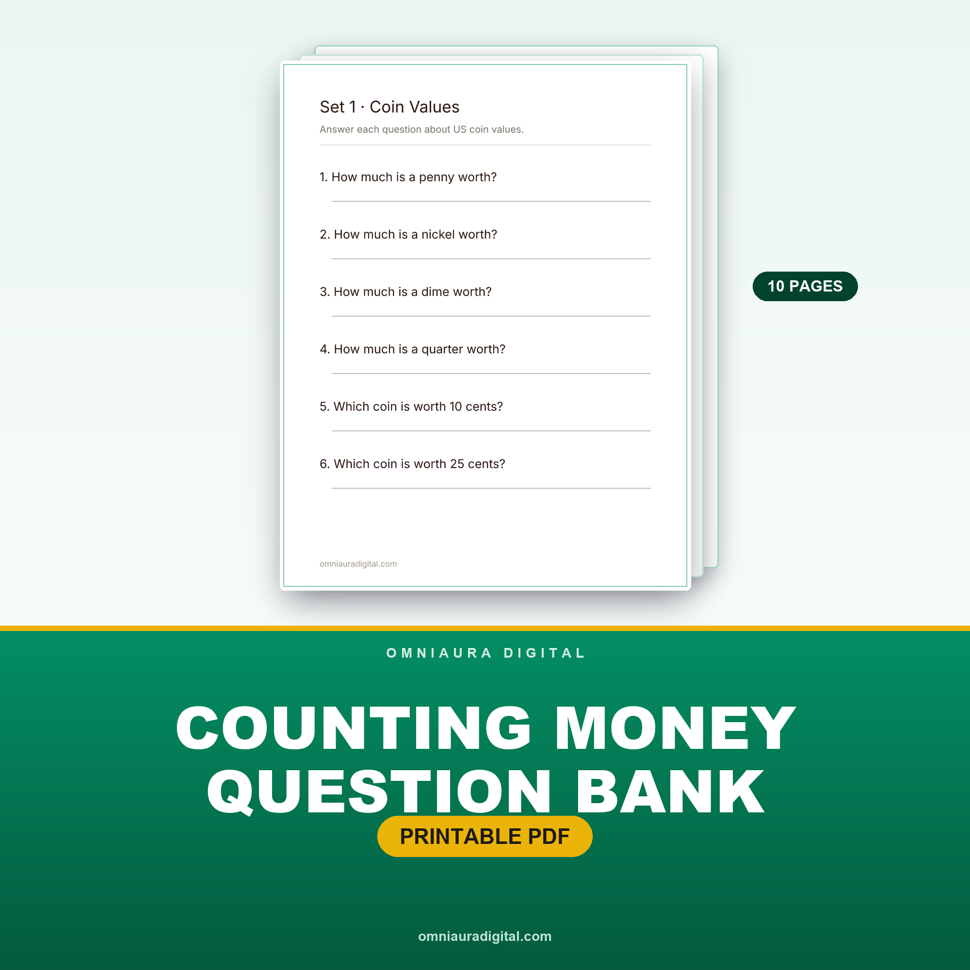 Counting Money Question Bank — 60 Questions (Grades 1-3, US)