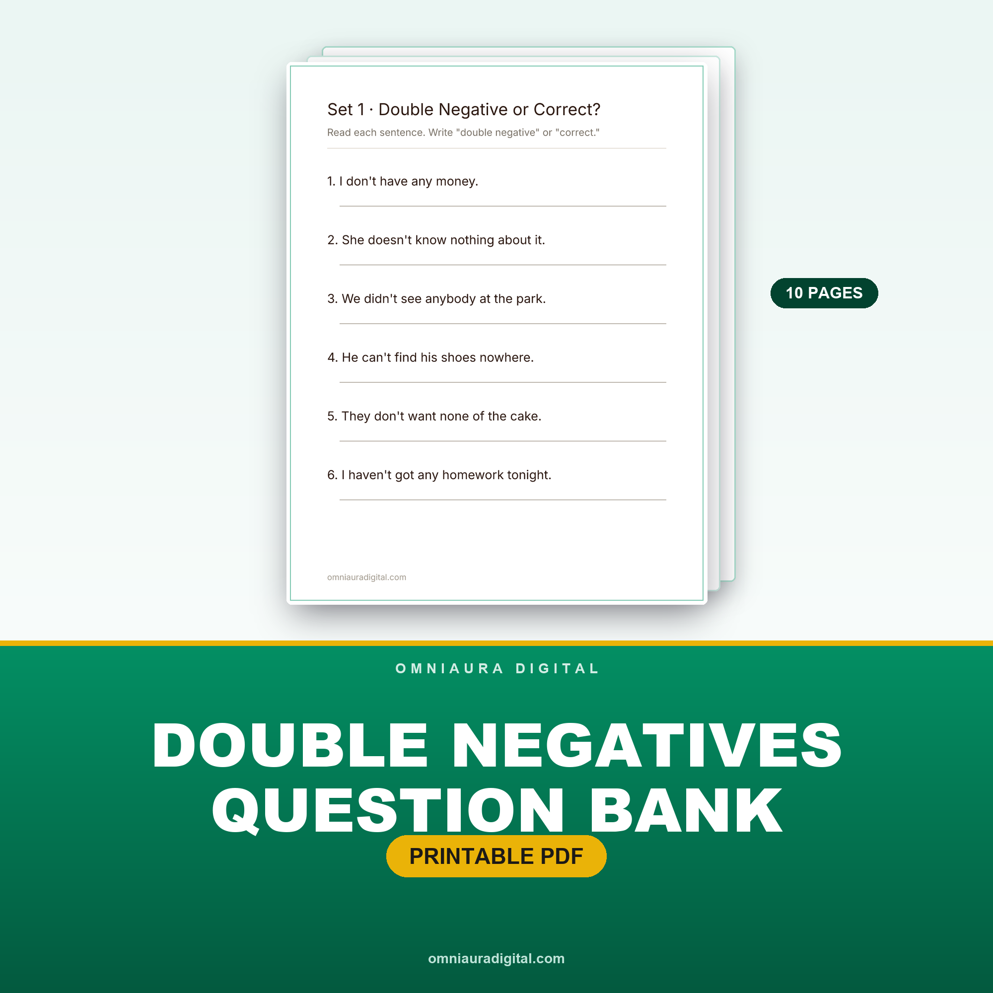 Double Negatives Question Bank — 60 Practice Questions (Grades 4-6)