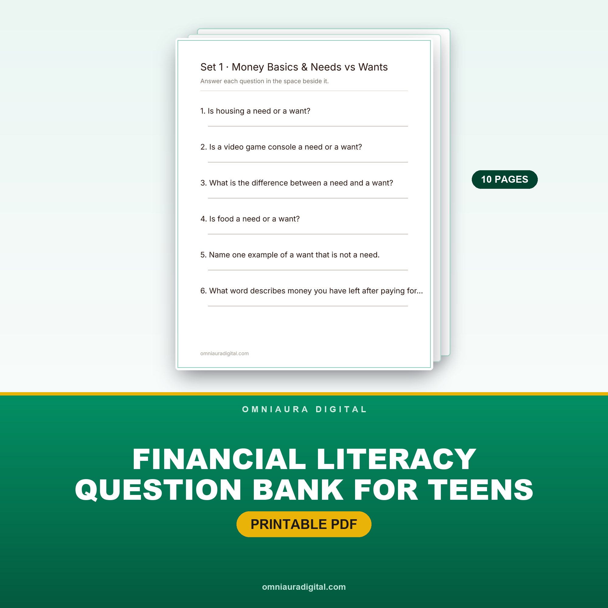 Financial Literacy Question Bank for Teens — 60 Questions (Grades 6-9)