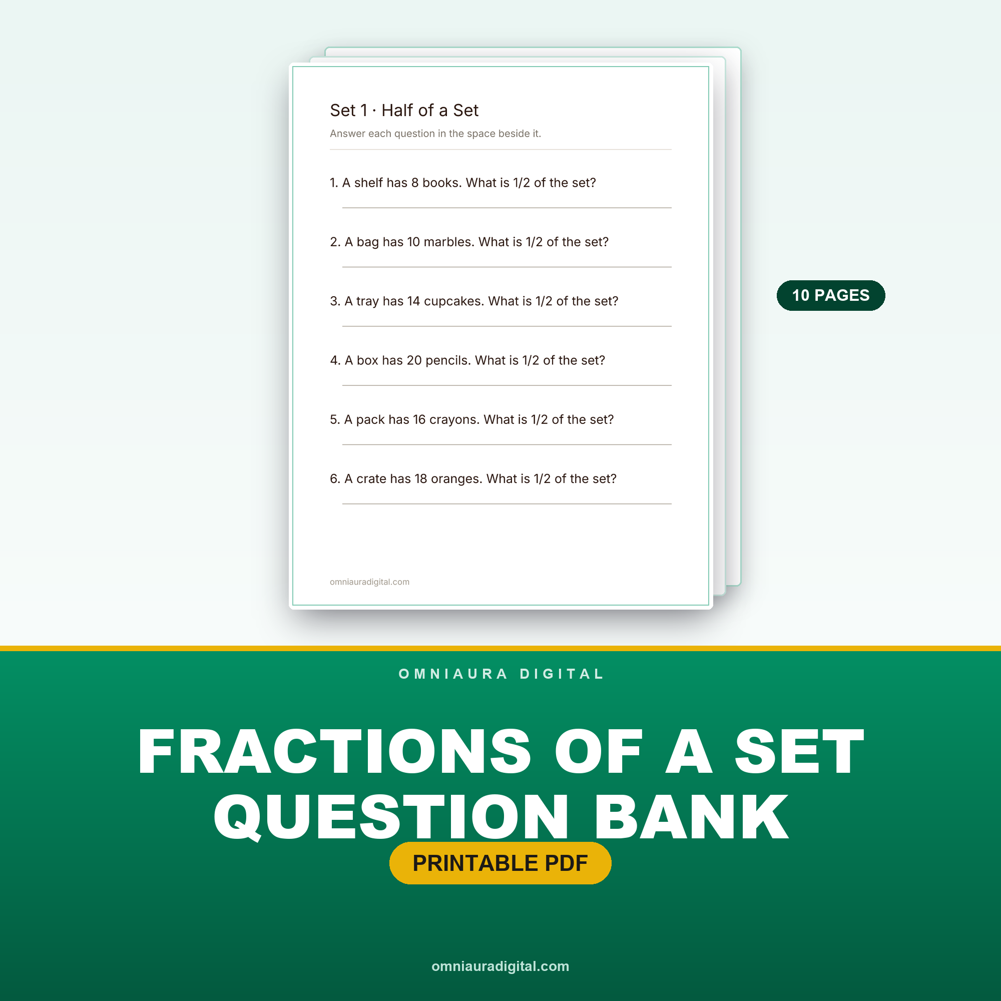 Fractions of a Set Question Bank — 60 Questions (Grades 3-5)