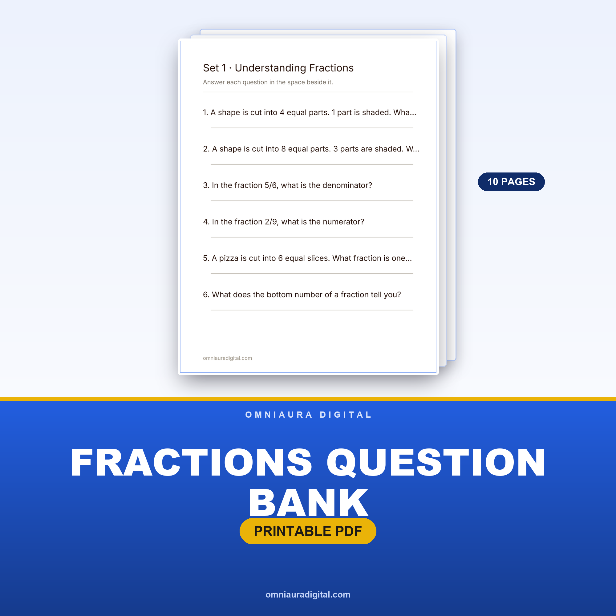 Fractions Question Bank — 60 Practice Questions (Grades 3-5)