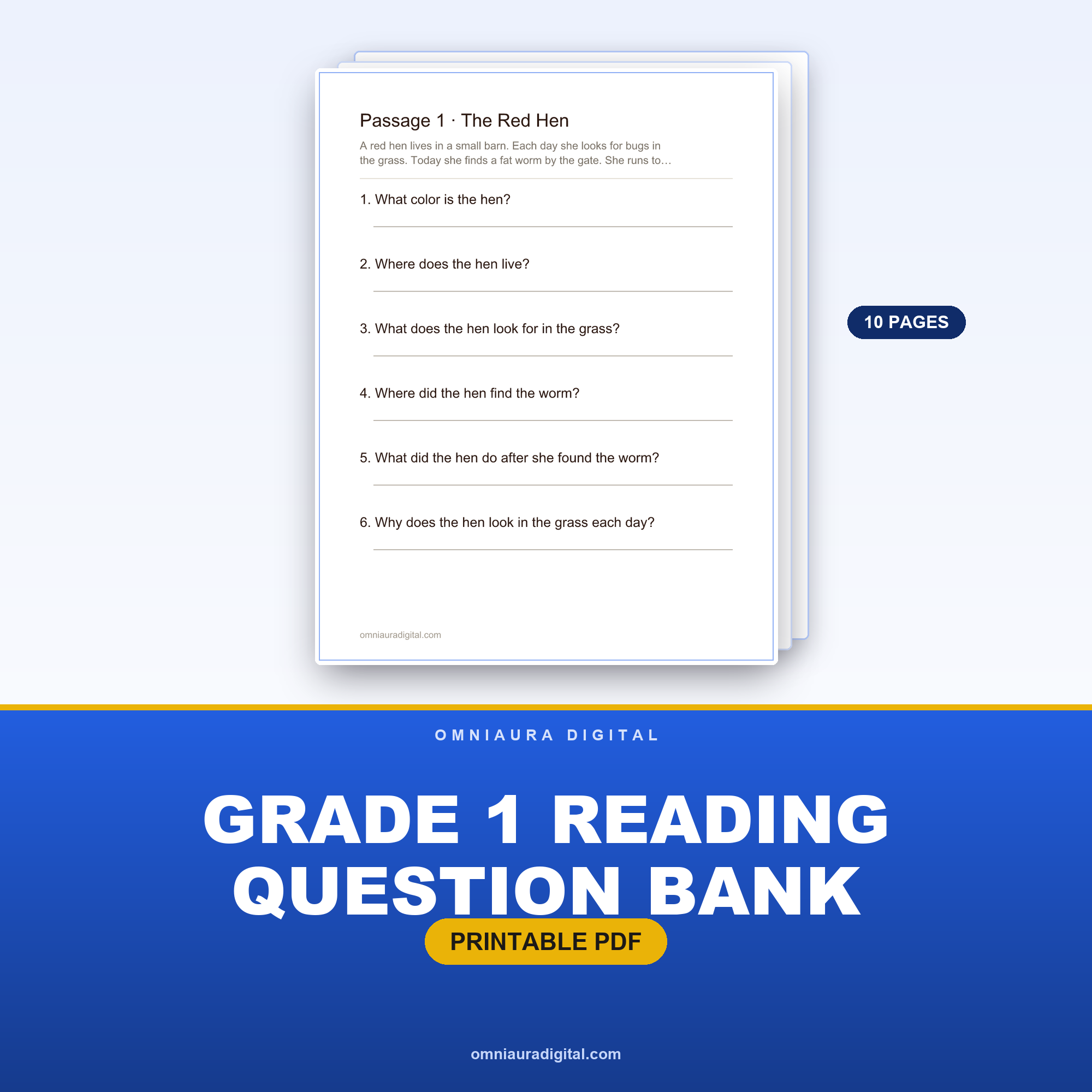 Grade 1 Reading Question Bank — 8 Passages, 48 Questions