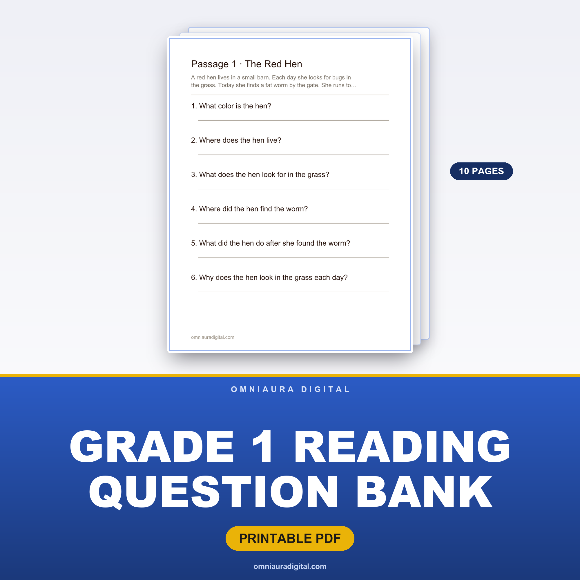 Grade 1 Reading Question Bank — 8 Passages, 48 Questions