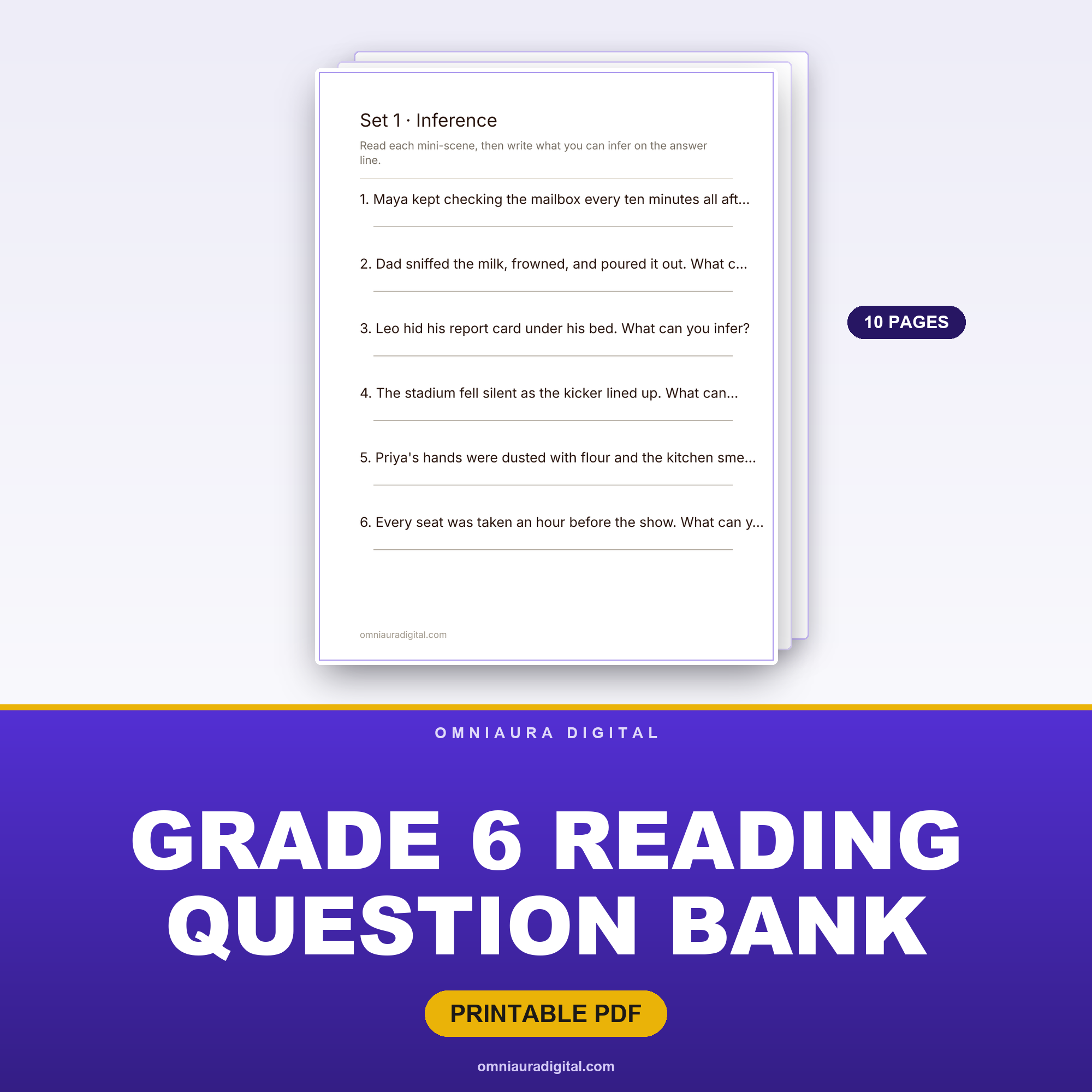 Grade 6 Reading Question Bank — 8 Skill Sets, 60 Questions