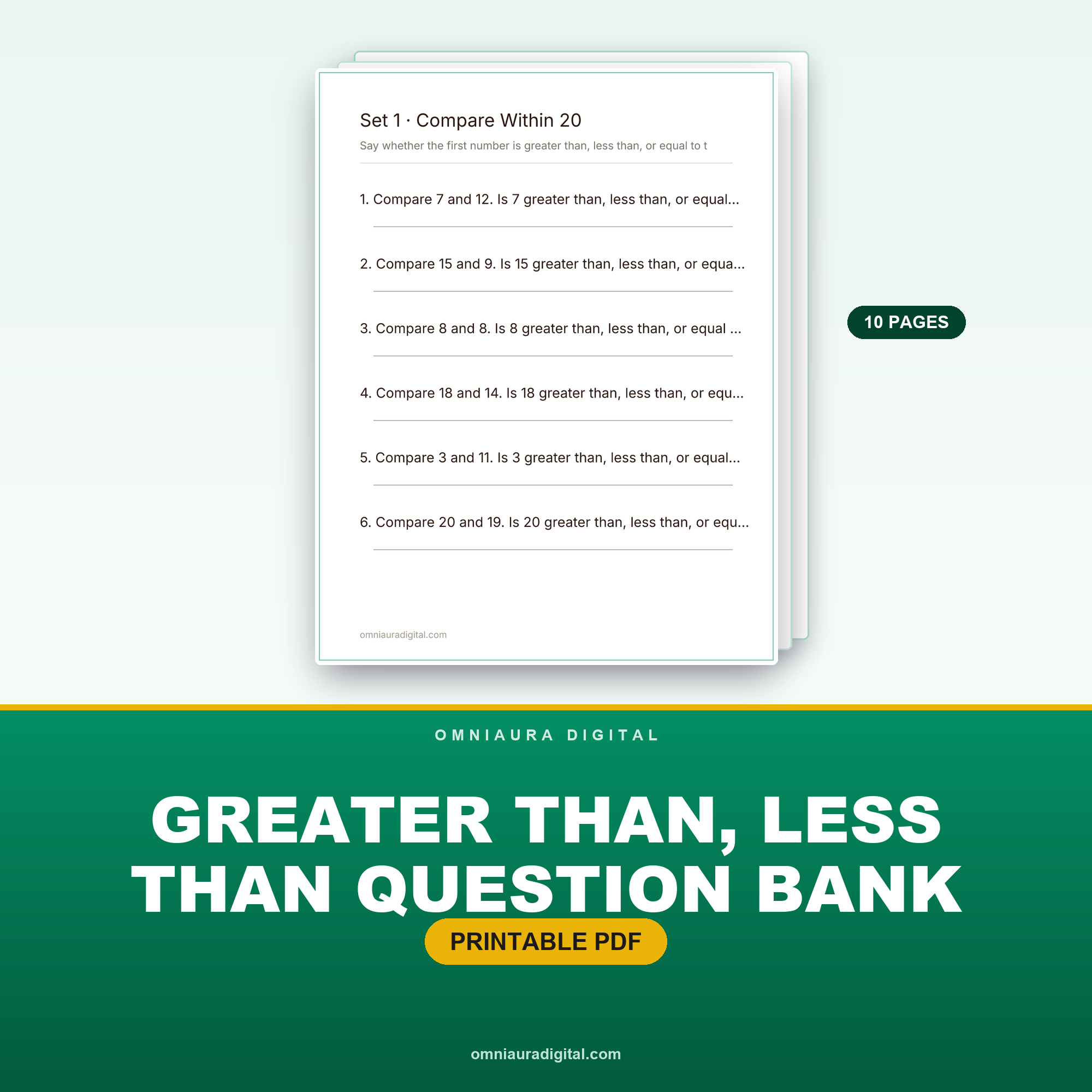 Greater Than, Less Than Question Bank — 60 Questions (Grades 1-3)
