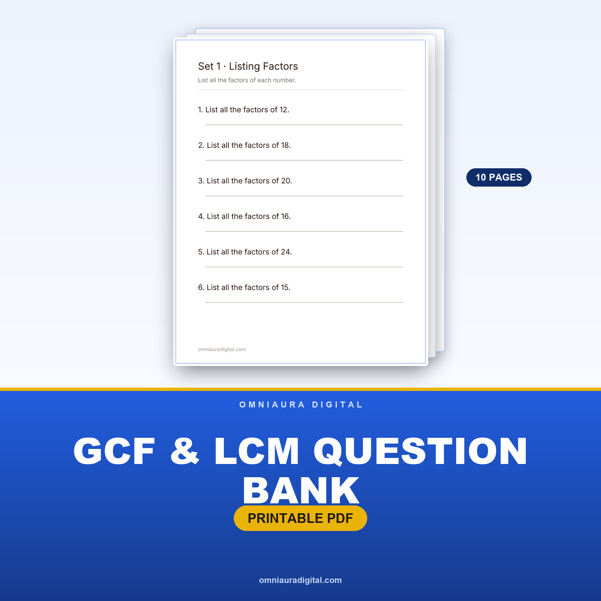 GCF & LCM Question Bank — 60 Practice Questions (Grades 4-6)