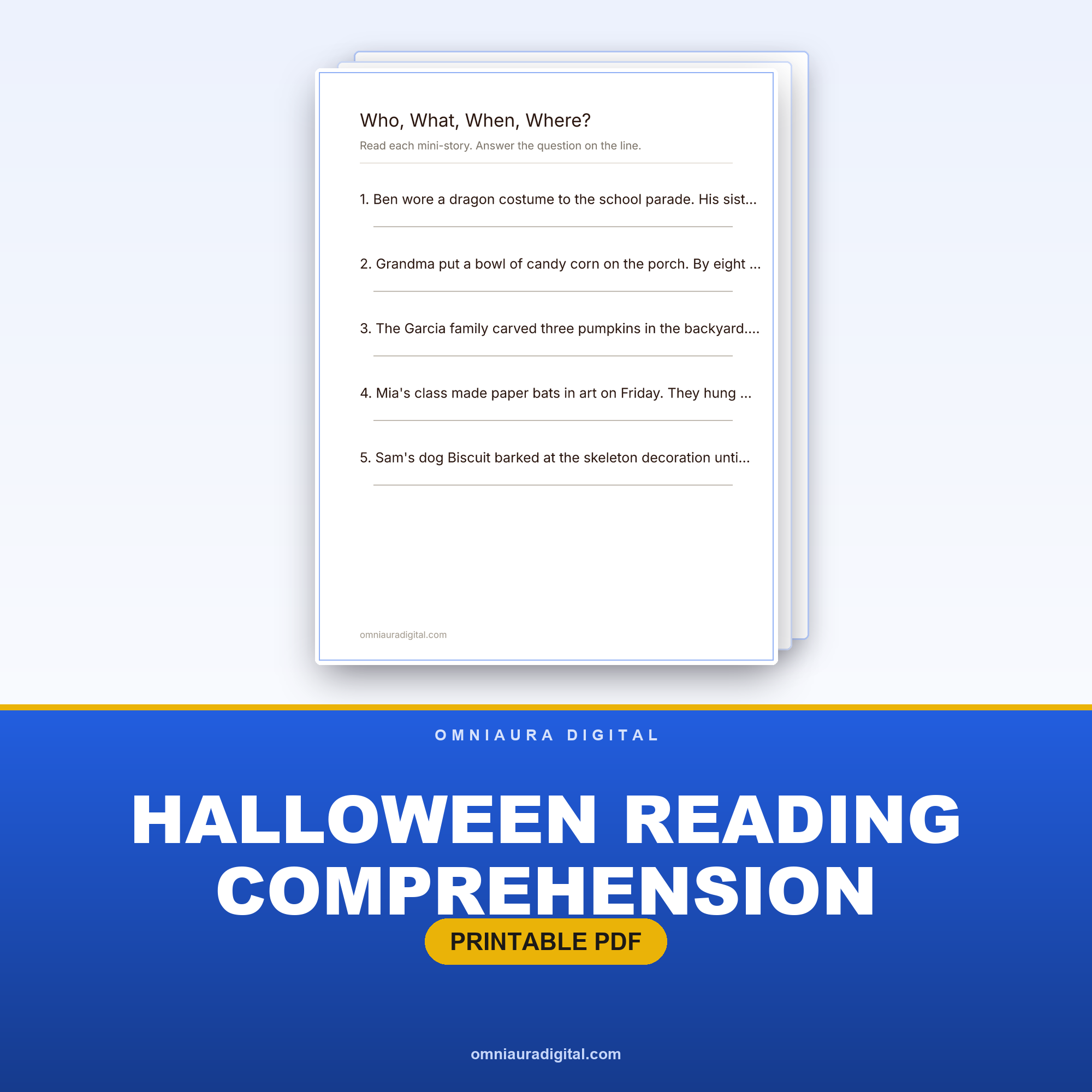 Halloween Reading Comprehension — 20 Mini-Stories (Grades 1-3)