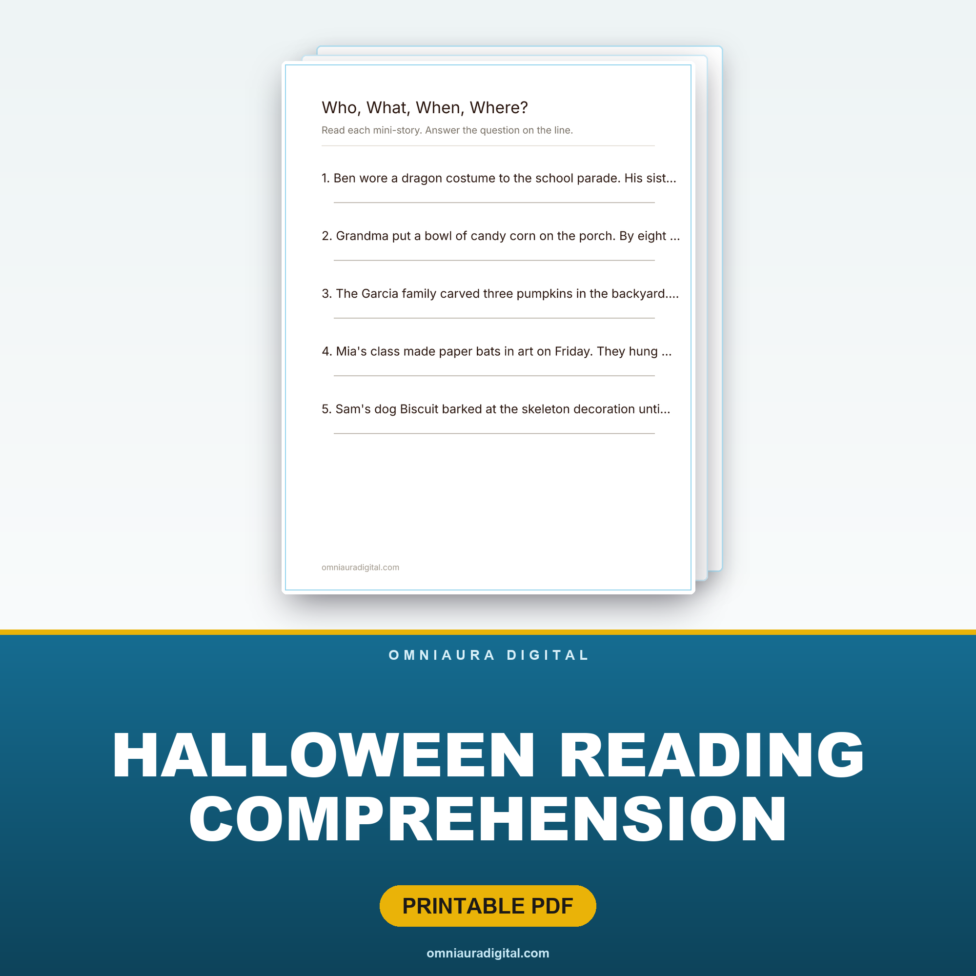 Halloween Reading Comprehension — 20 Mini-Stories (Grades 1-3)