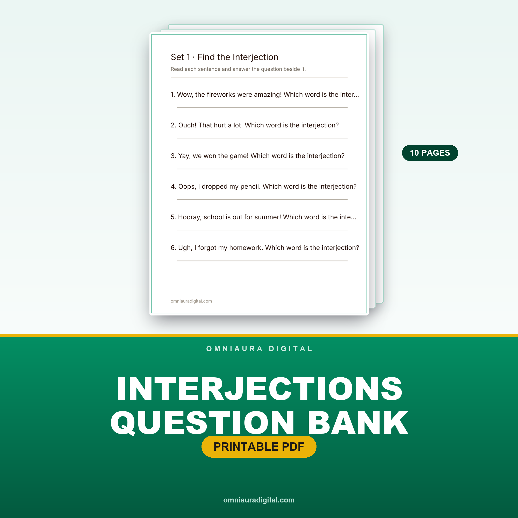 Interjections Question Bank — 60 Questions (Grades 3-5)