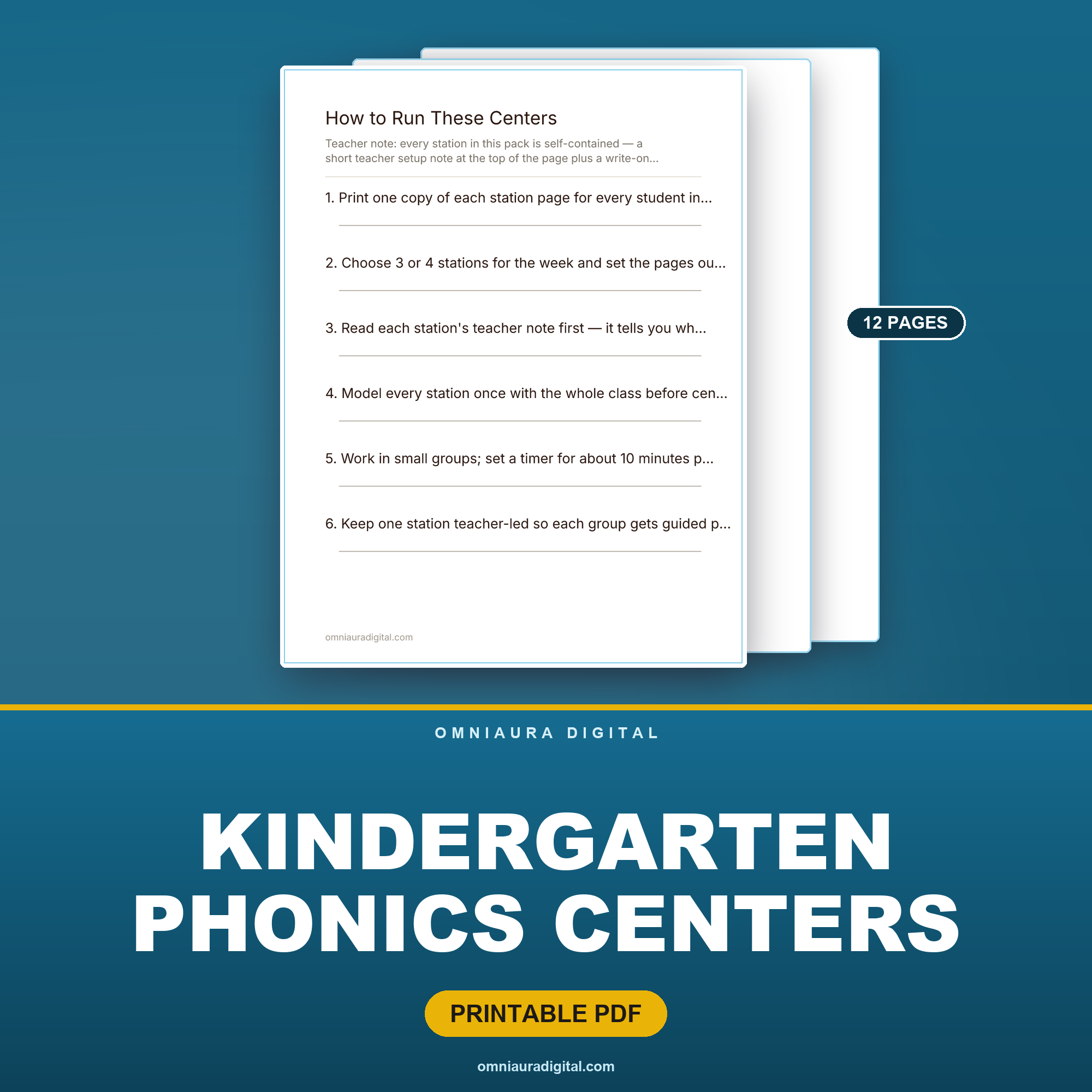 Kindergarten Phonics Centers — 8 Print & Go Literacy Stations