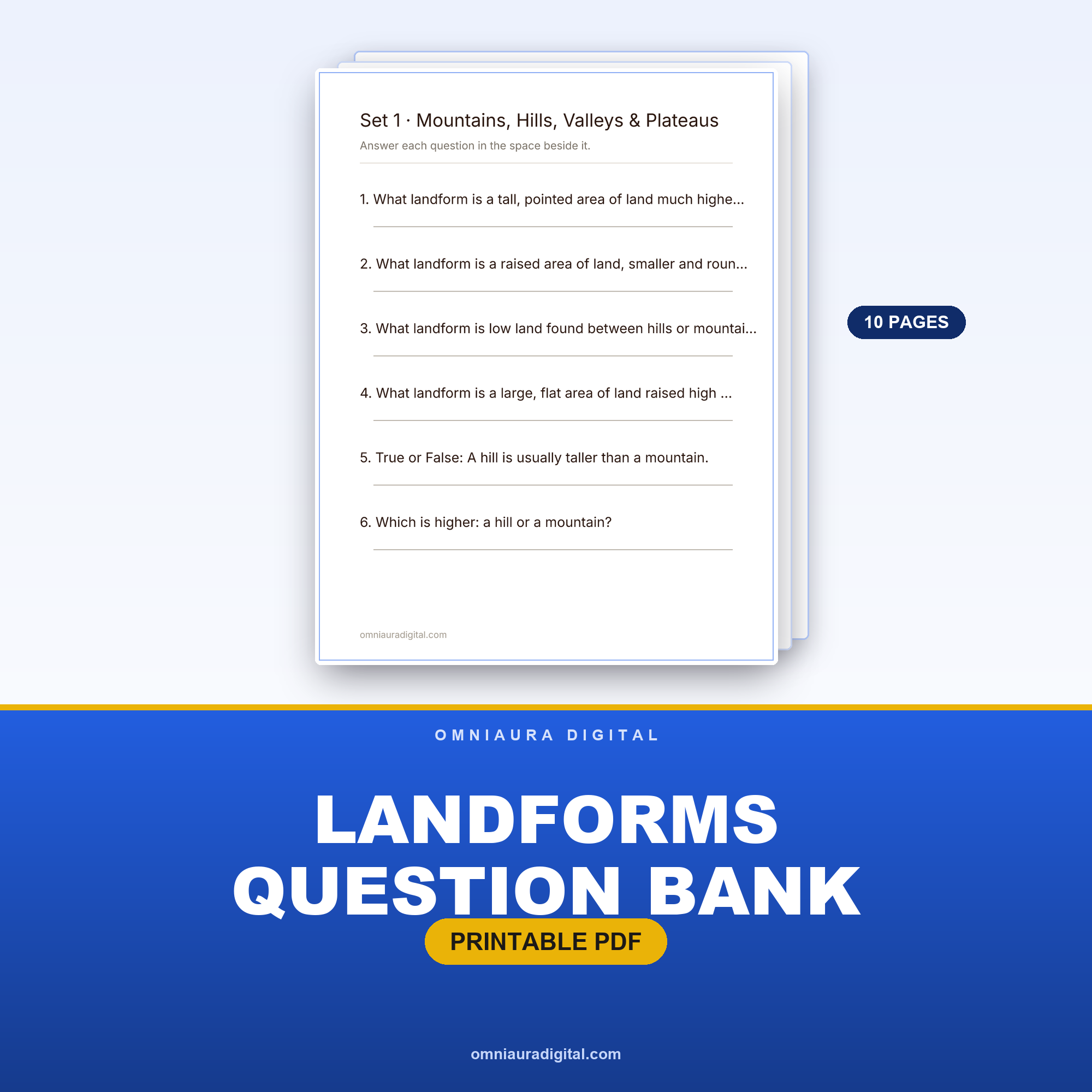 Landforms Question Bank — 60 Practice Questions (Grades 2-5)