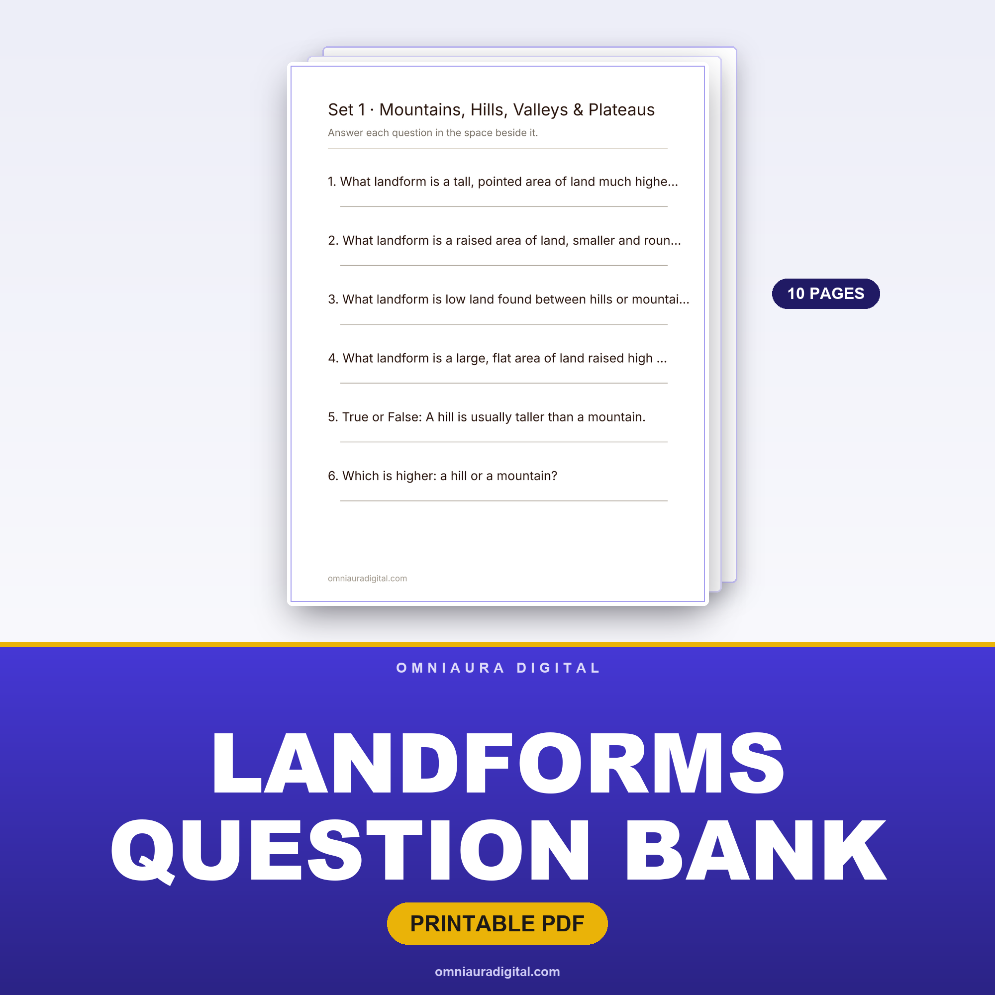Landforms Question Bank — 60 Practice Questions (Grades 2-5)