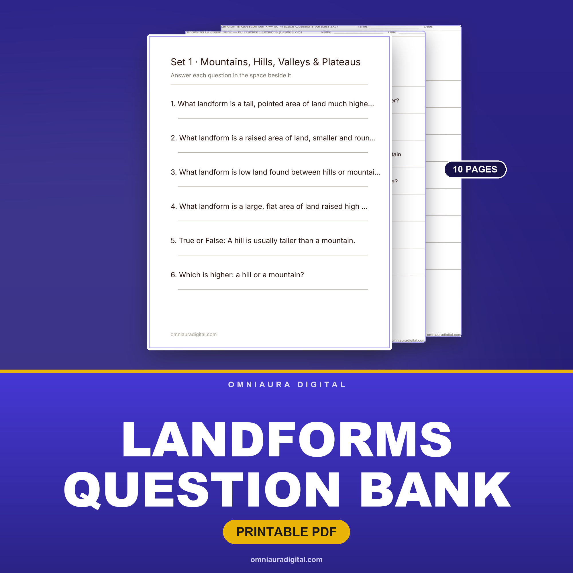 Landforms Question Bank — 60 Practice Questions (Grades 2-5)