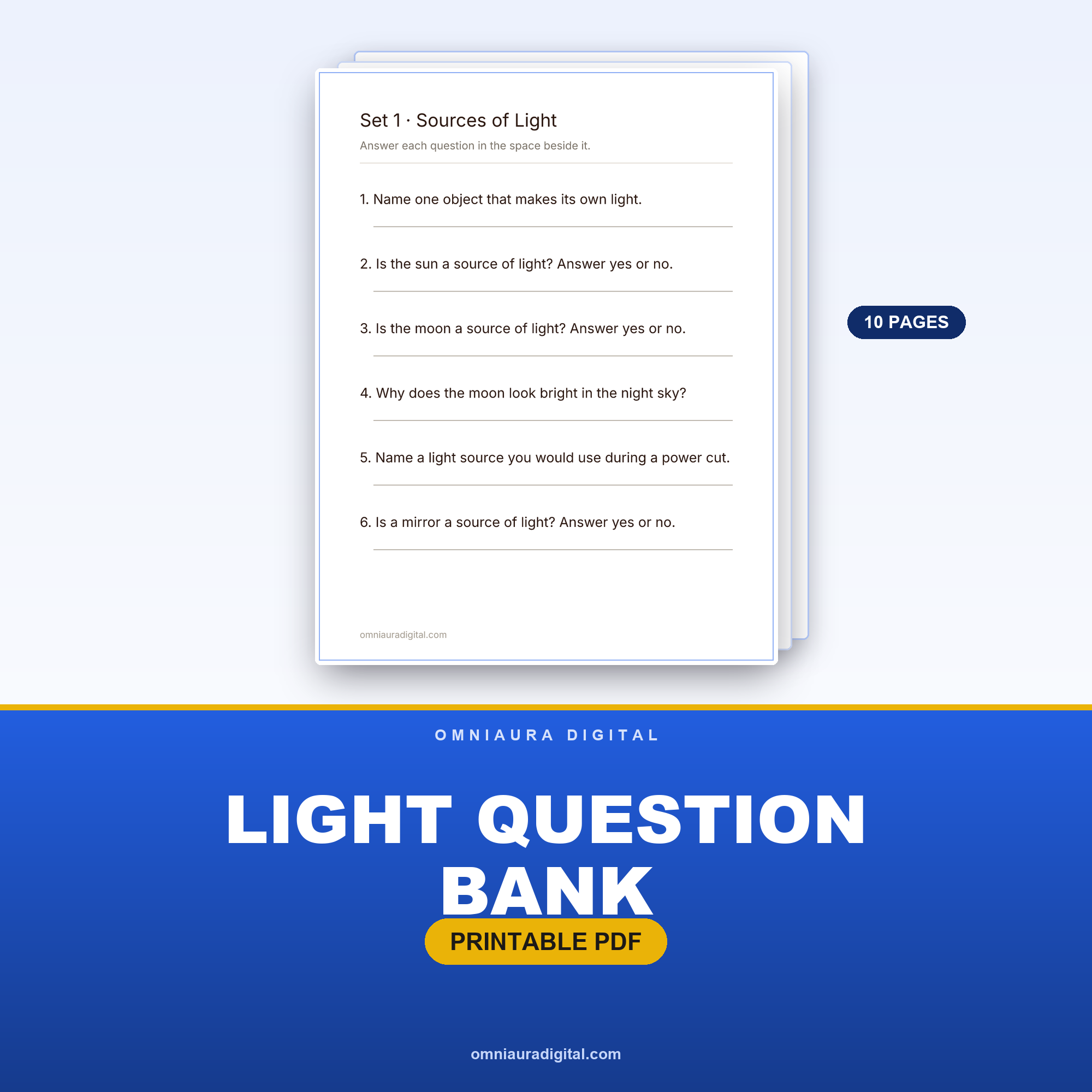 Light Question Bank — 60 Practice Questions (Grades 3-6)