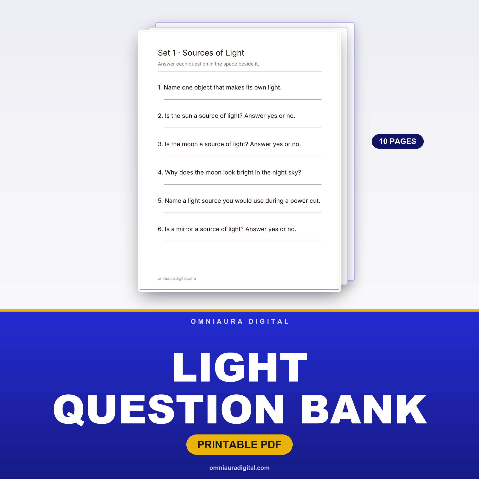 Light Question Bank — 60 Practice Questions (Grades 3-6)