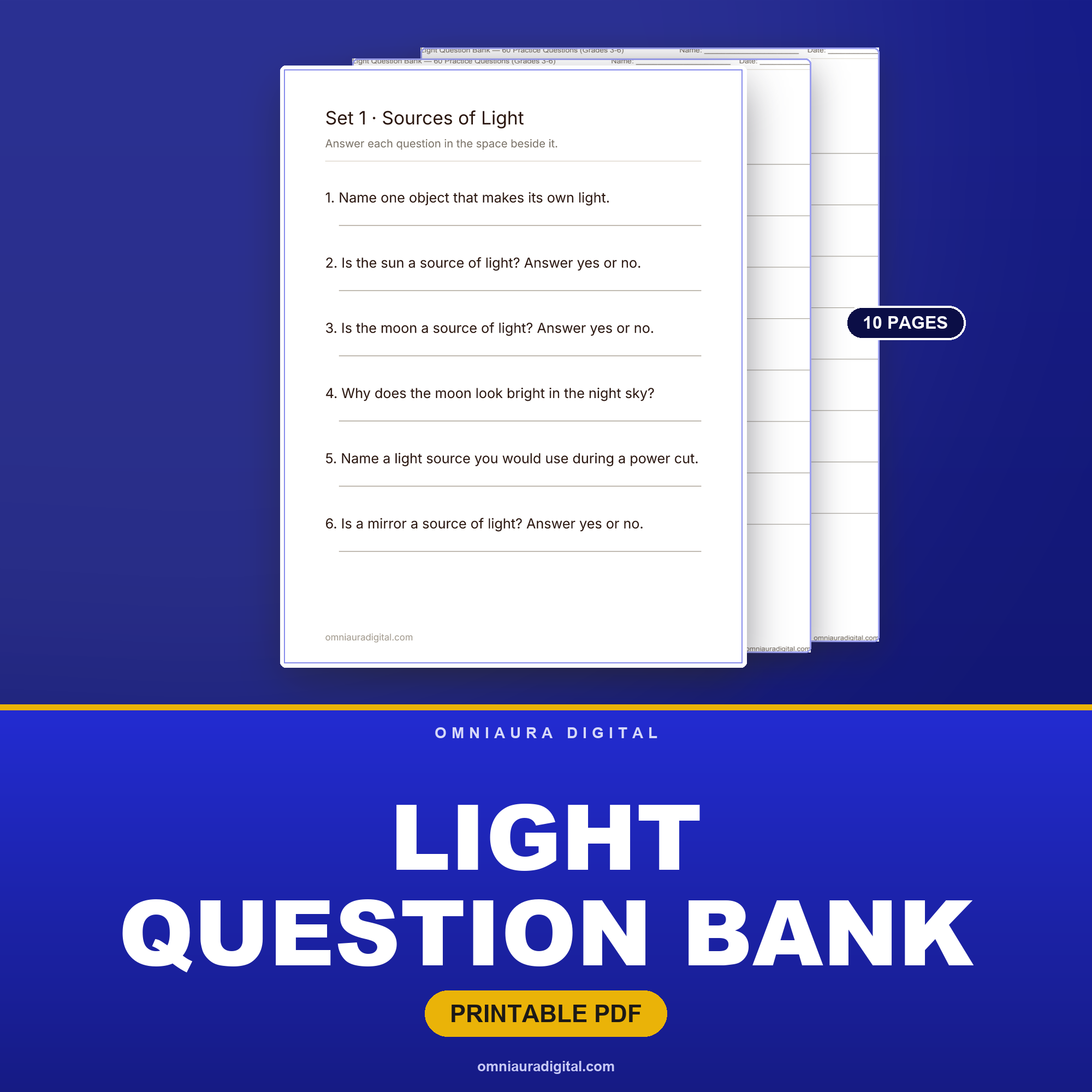 Light Question Bank — 60 Practice Questions (Grades 3-6)