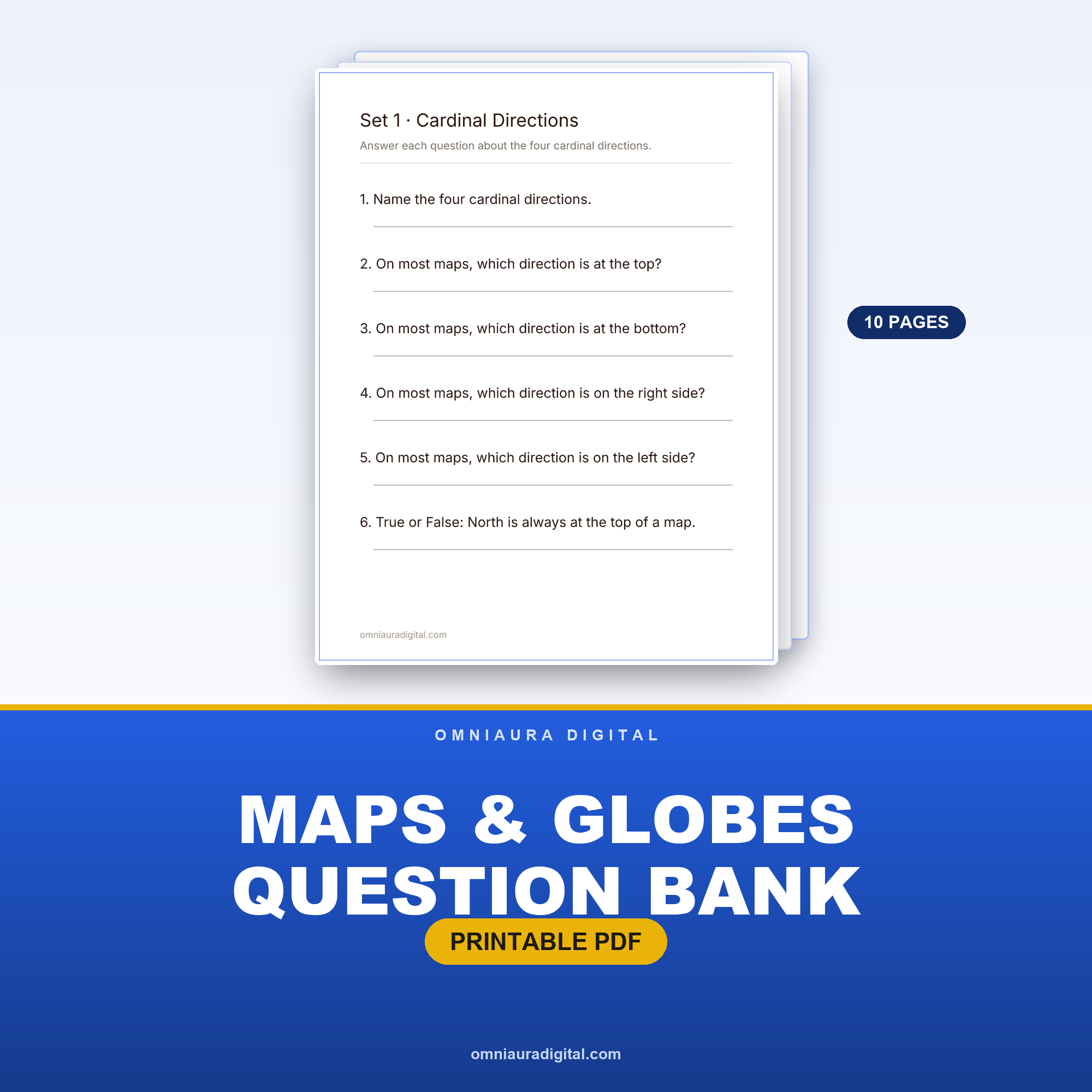 Maps & Globes Question Bank — 60 Practice Questions (Grades 2-5)