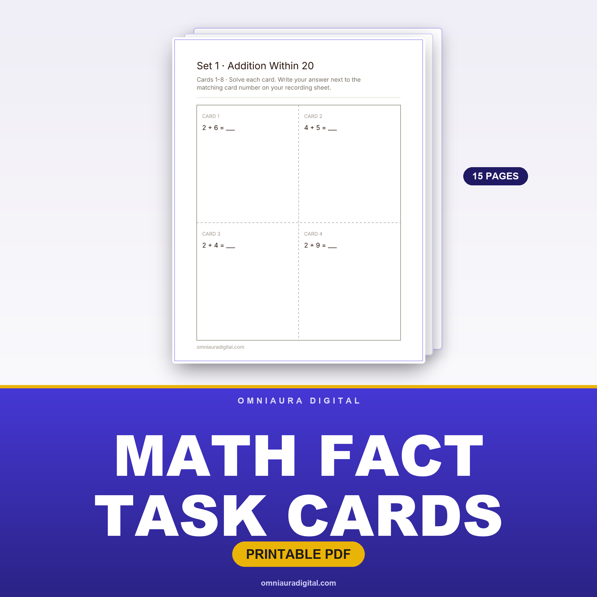 Math Fact Task Cards — Addition, Subtraction, Multiplication & Division (4 Sets)