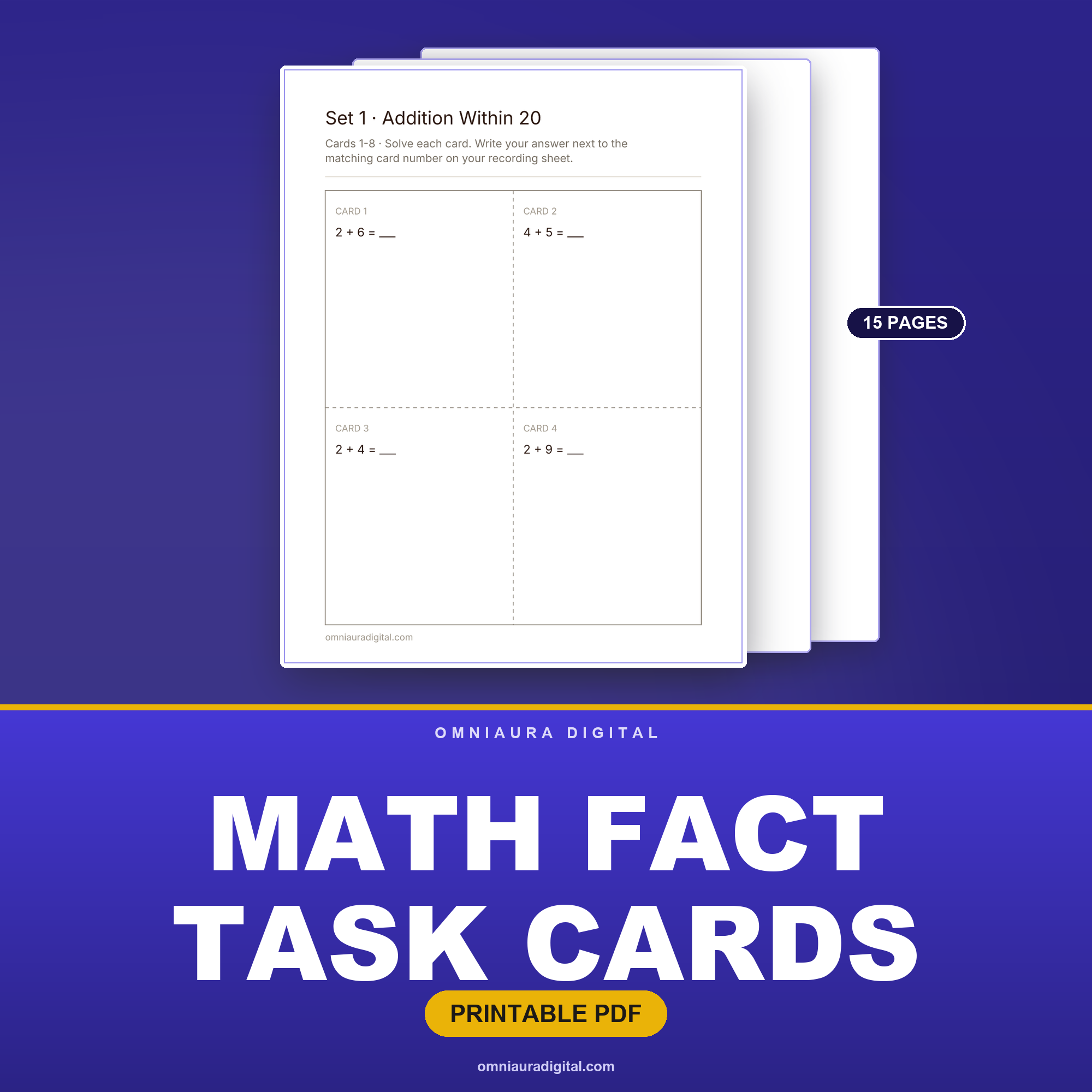 Math Fact Task Cards — Addition, Subtraction, Multiplication & Division (4 Sets)